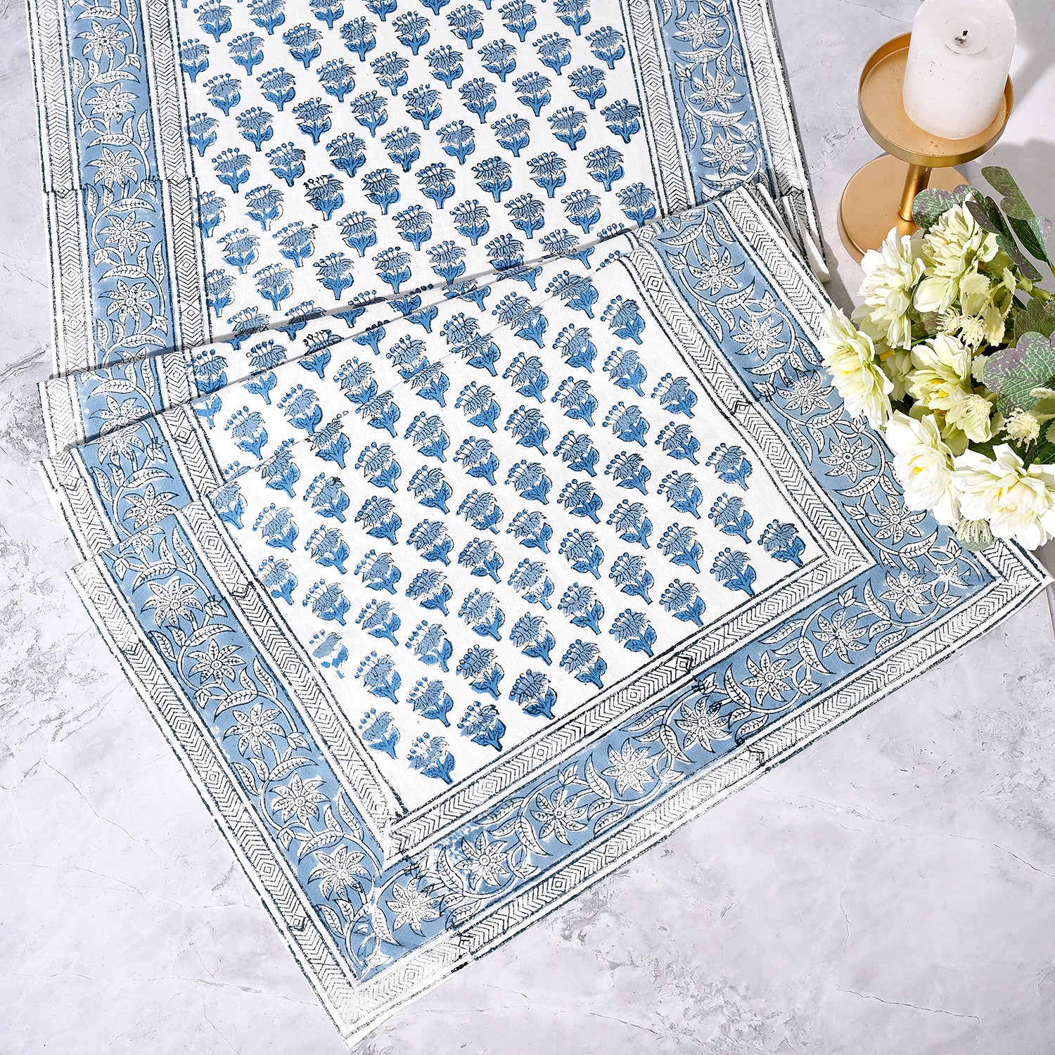 Cotton Block Print Table Runner - Apatite Blue
