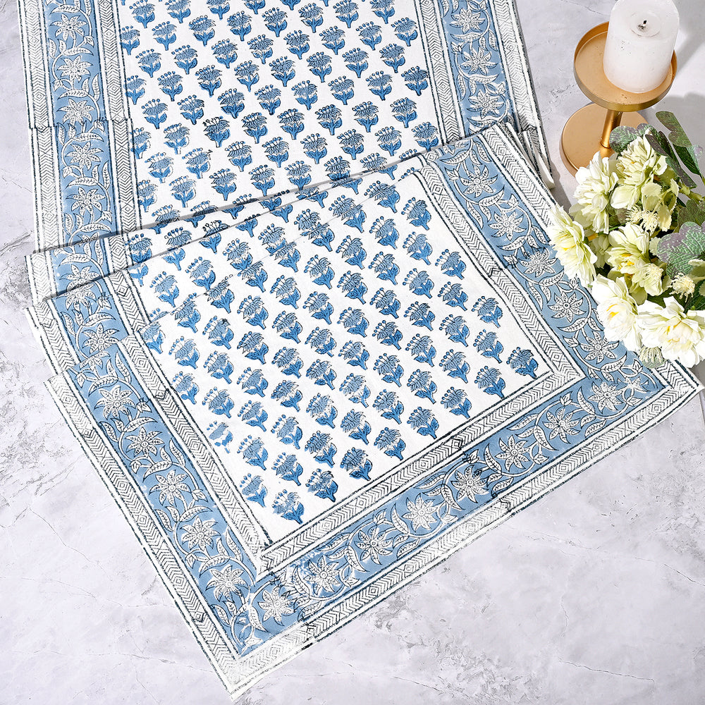 Cotton Block Print Table Runner - Apatite Blue