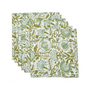 Stack of four flat green floral cotton napkins on a white background.