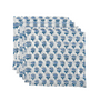 Set of six blue and white floral cloth napkins fanned out on white surface.

