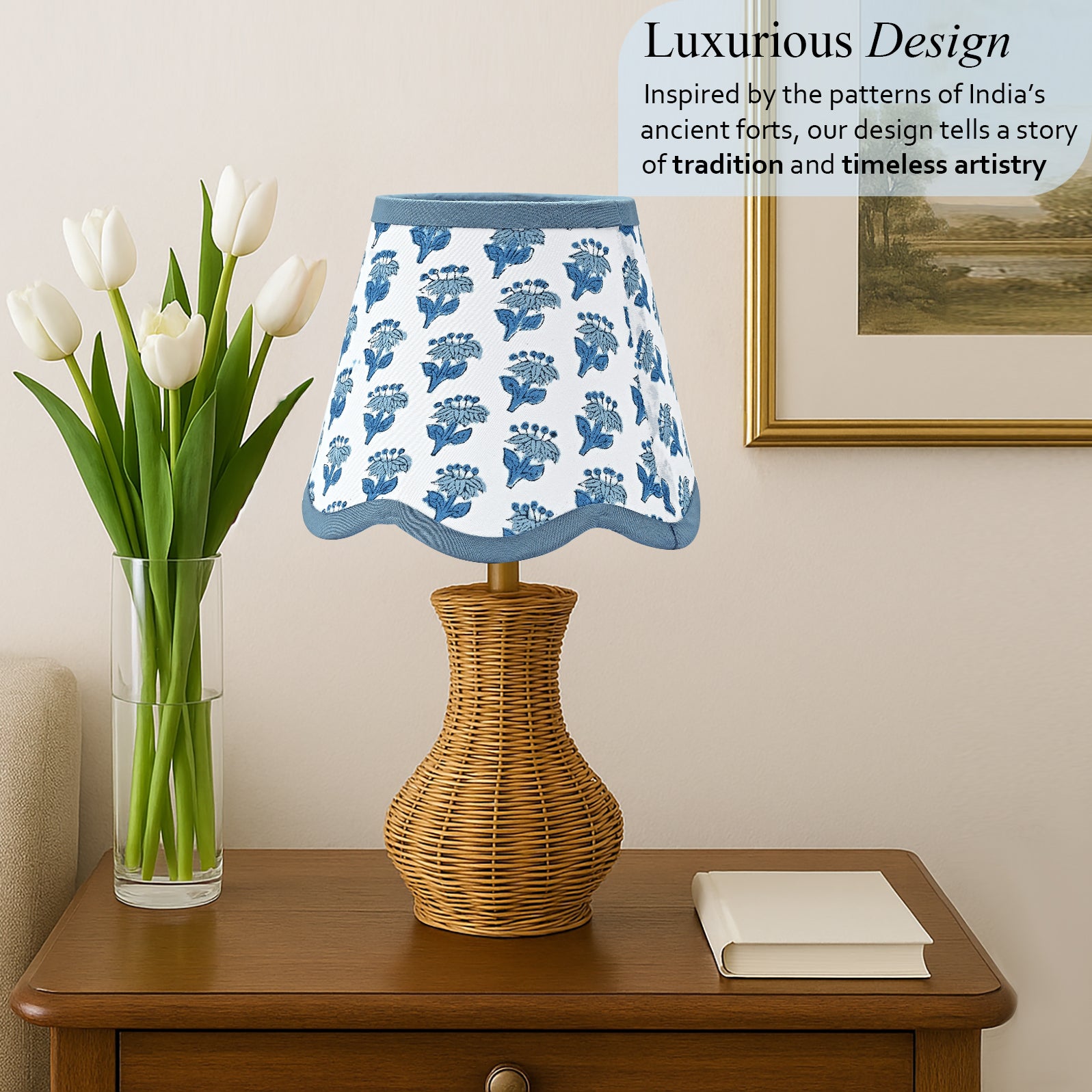 Hand Block Printed Cotton Lampshade – Scallop Floral Apatite Blue