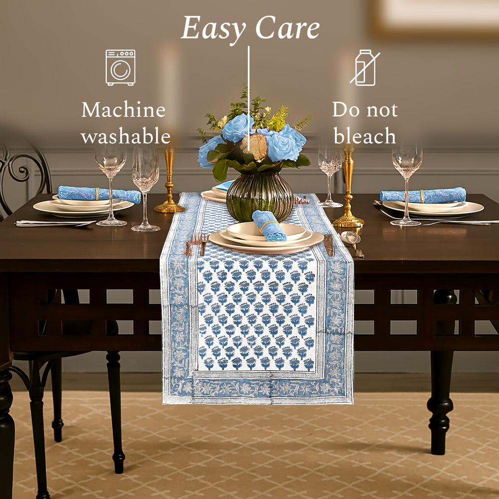 Cotton Block Print Table Runner - Apatite Blue