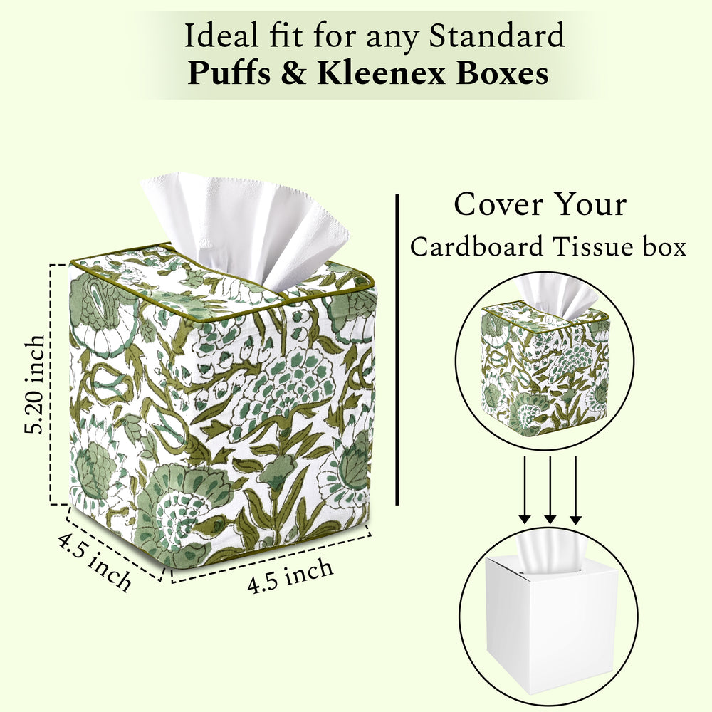 100% Cotton Hand Block Printed Tissue Box Cover - Agate Green