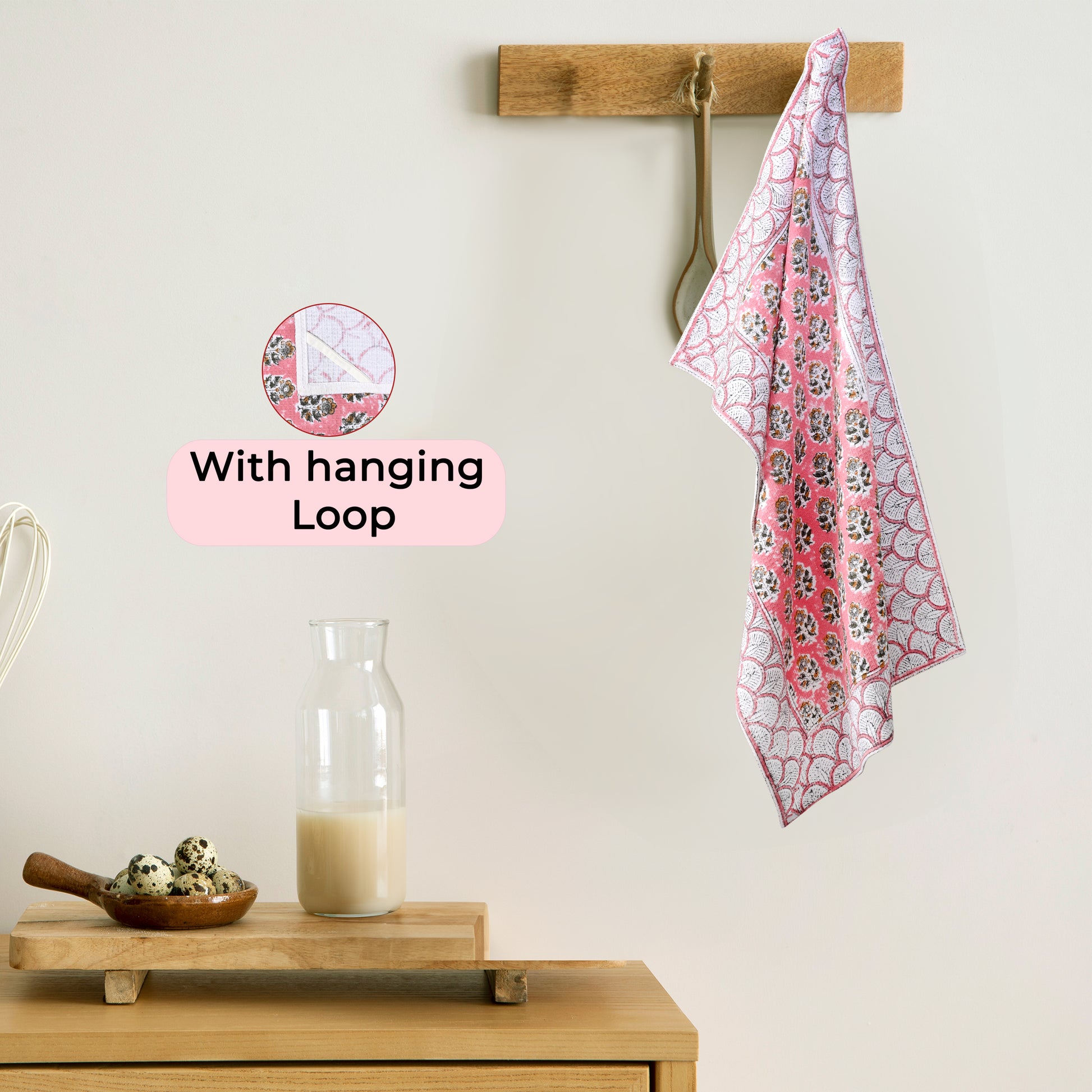 Hand Block Printed Waffle Kitchen Towels – Poppy Pink