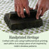 Traditional block-printing process with text about handprinted heritage pillows inspired by India's patterns.