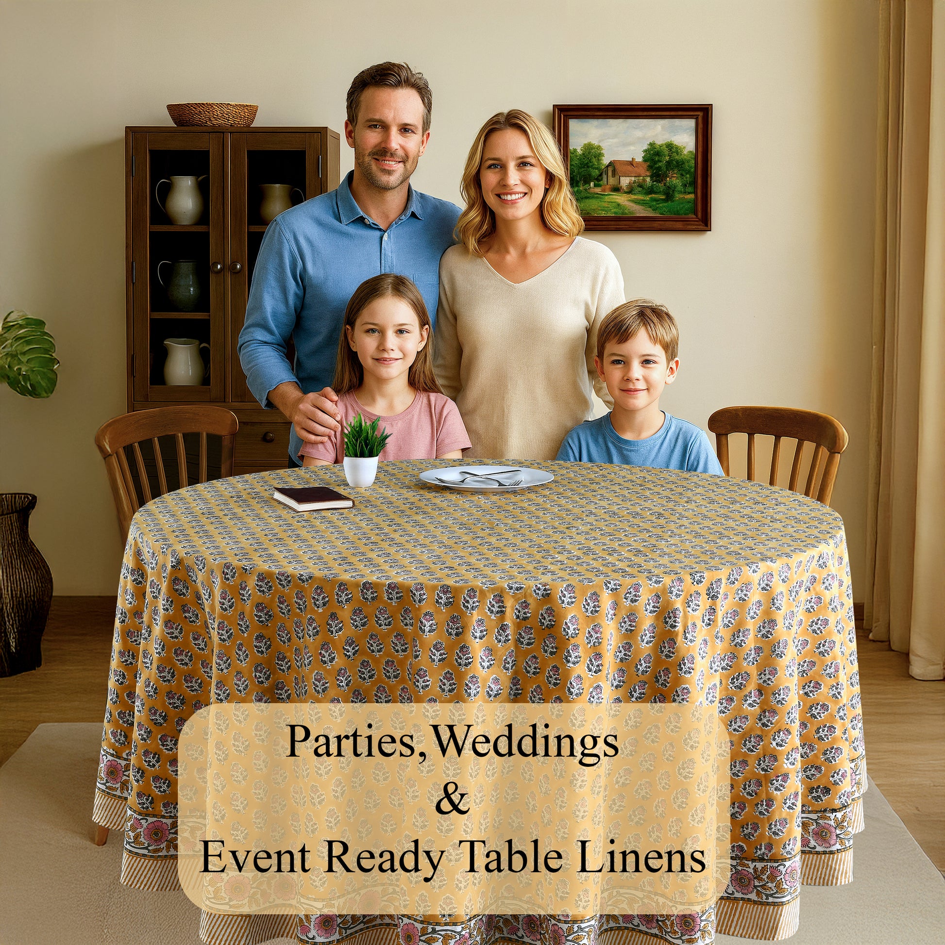 Round Block Print Tablecloth – Yellow Citrine
