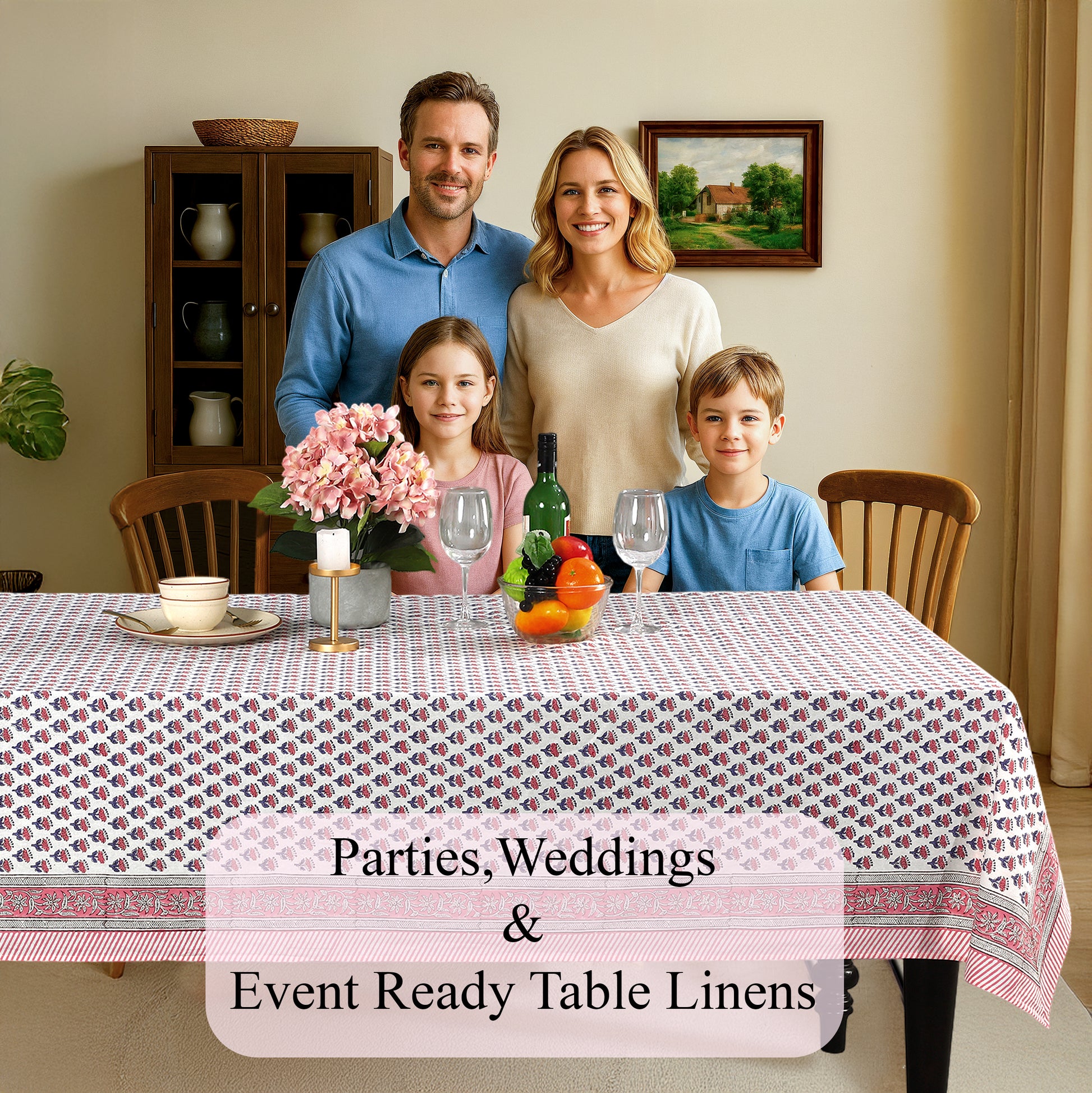 Pink Sapphire Cotton Tablecloth on Farmhouse Kitchen Table