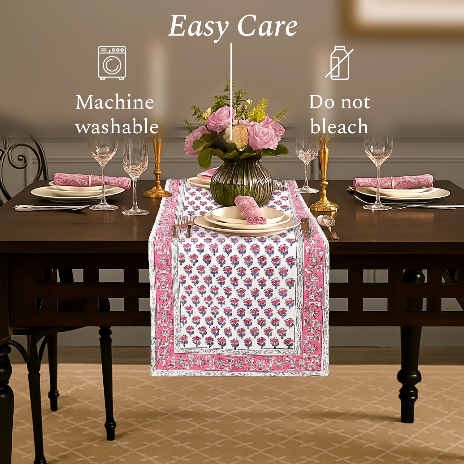 Cotton Block Print Table Runner - Pink Sapphire