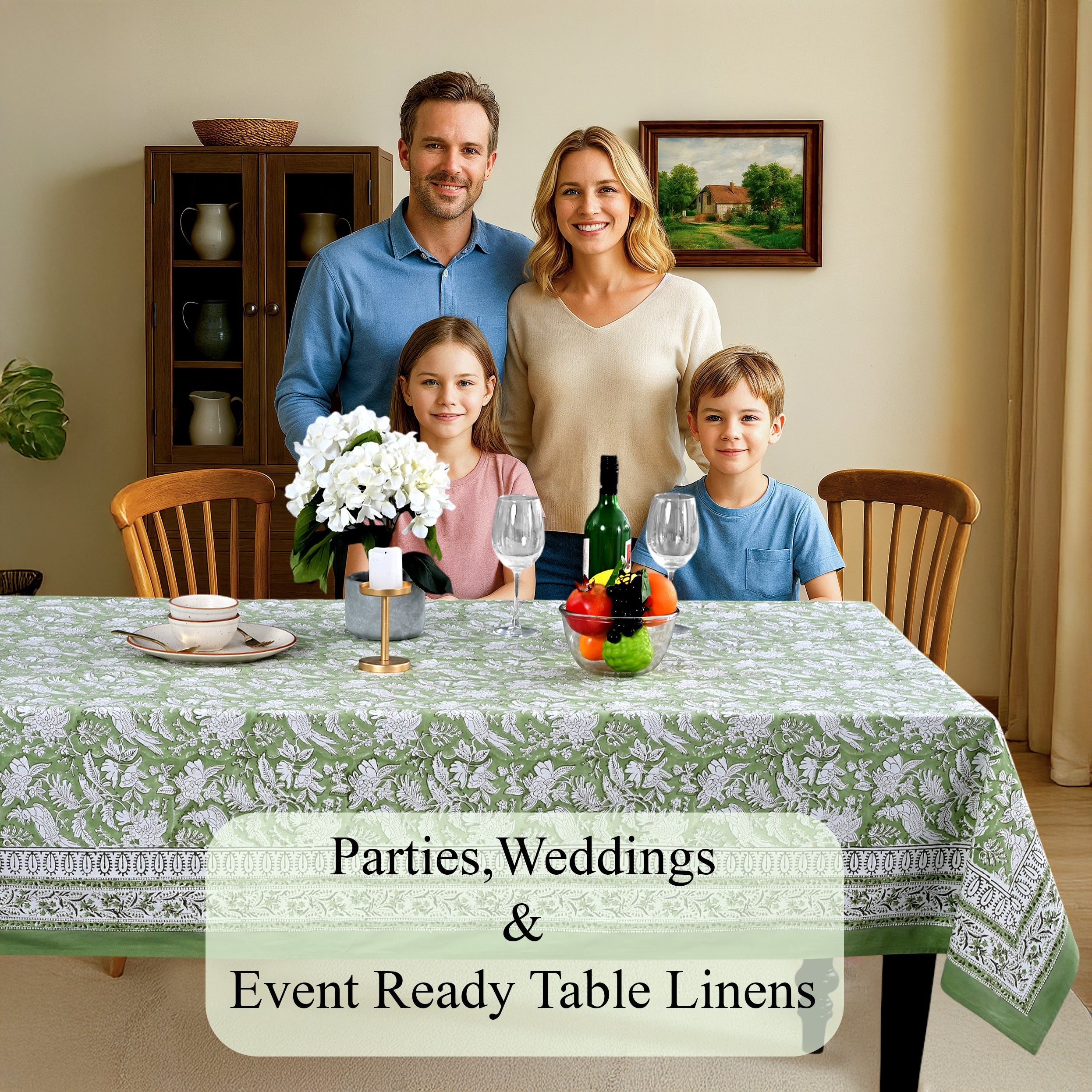 Olive Green Cotton Tablecloth on Kitchen Table