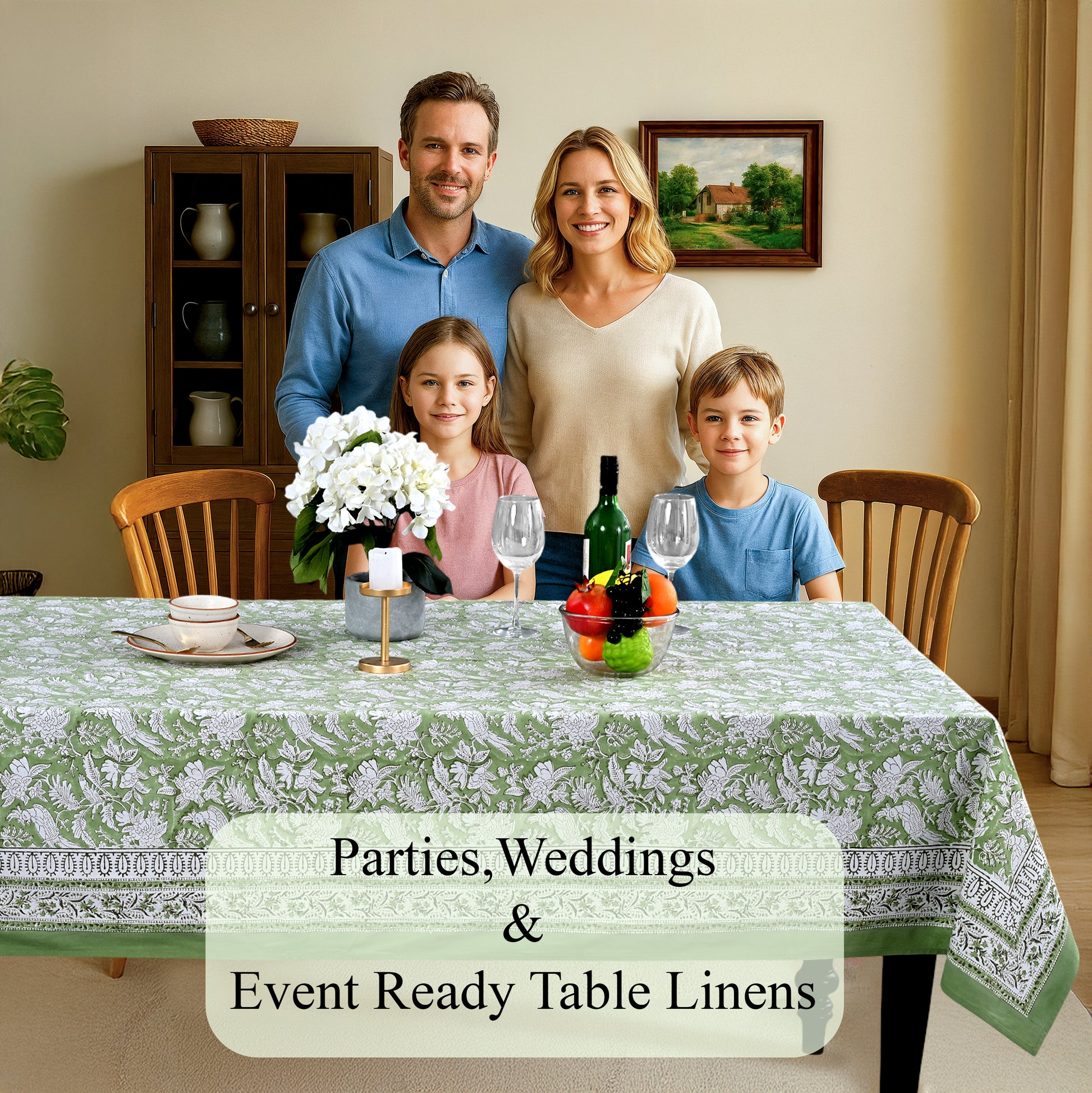 Olive Green Cotton Tablecloth on Kitchen Table