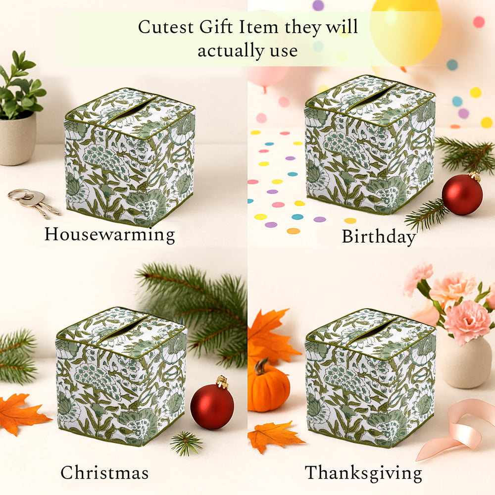 100% Cotton Hand Block Printed Tissue Box Cover - Agate Green