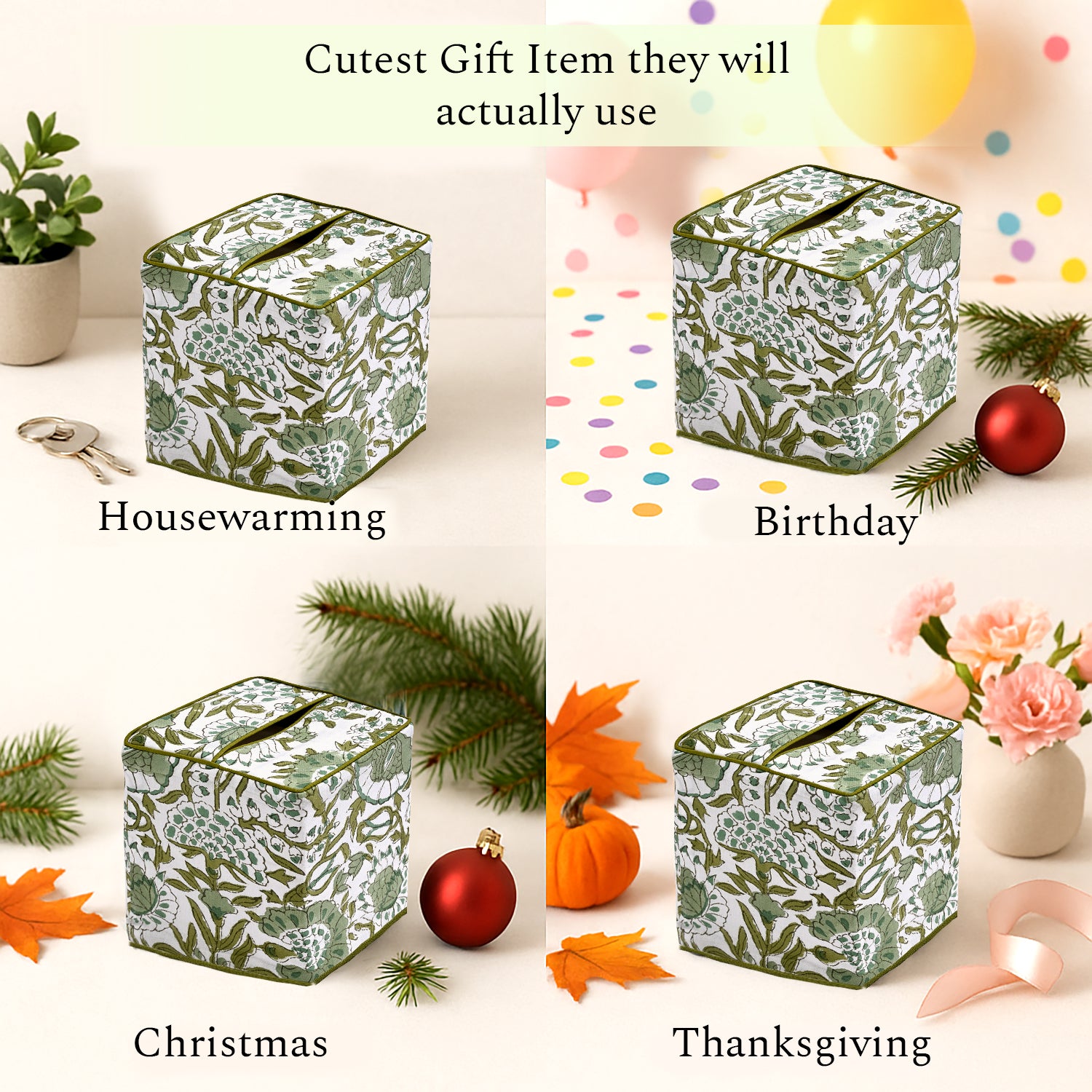 100% Cotton Hand Block Printed Tissue Box Cover - Agate Green