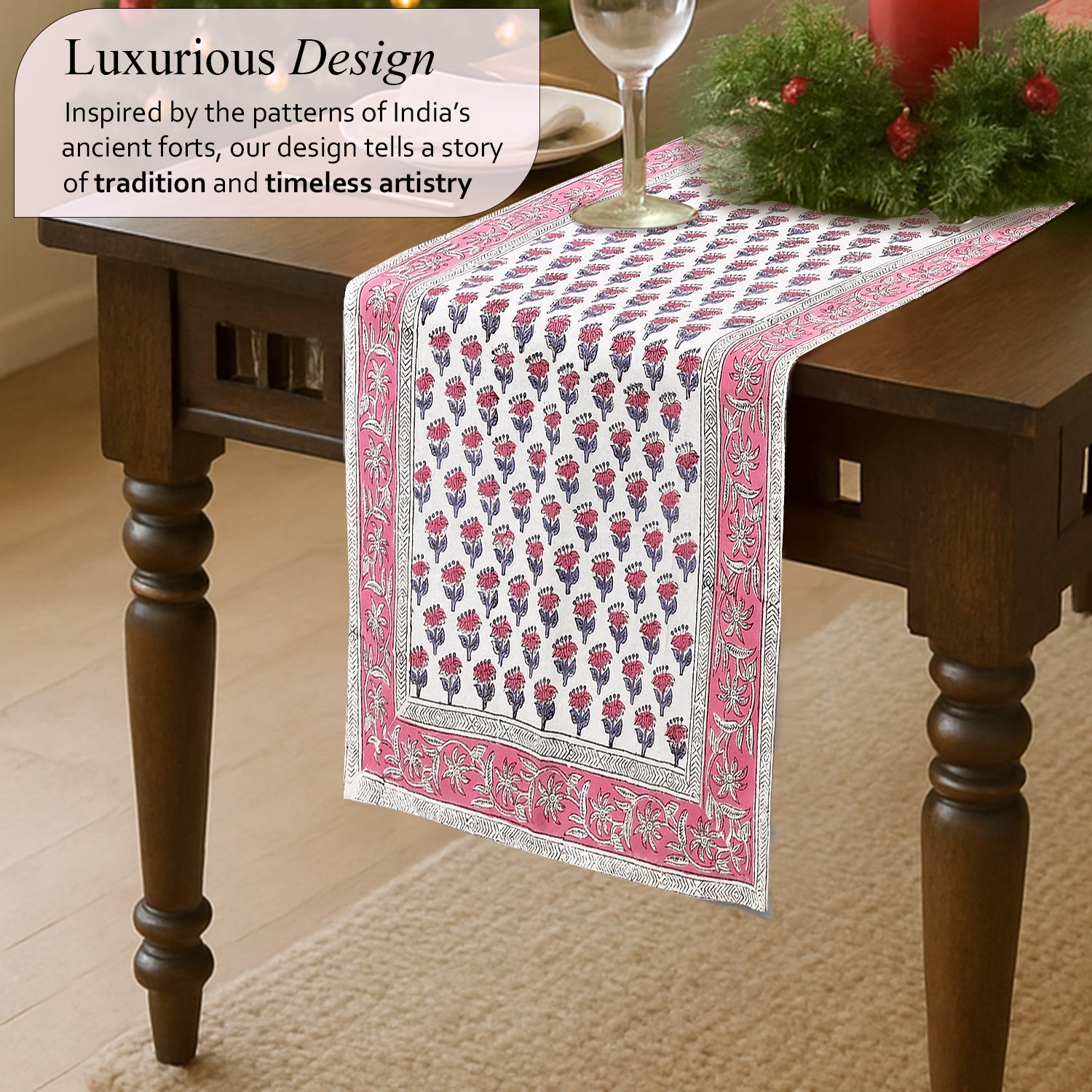 Cotton Block Print Table Runner - Pink Sapphire