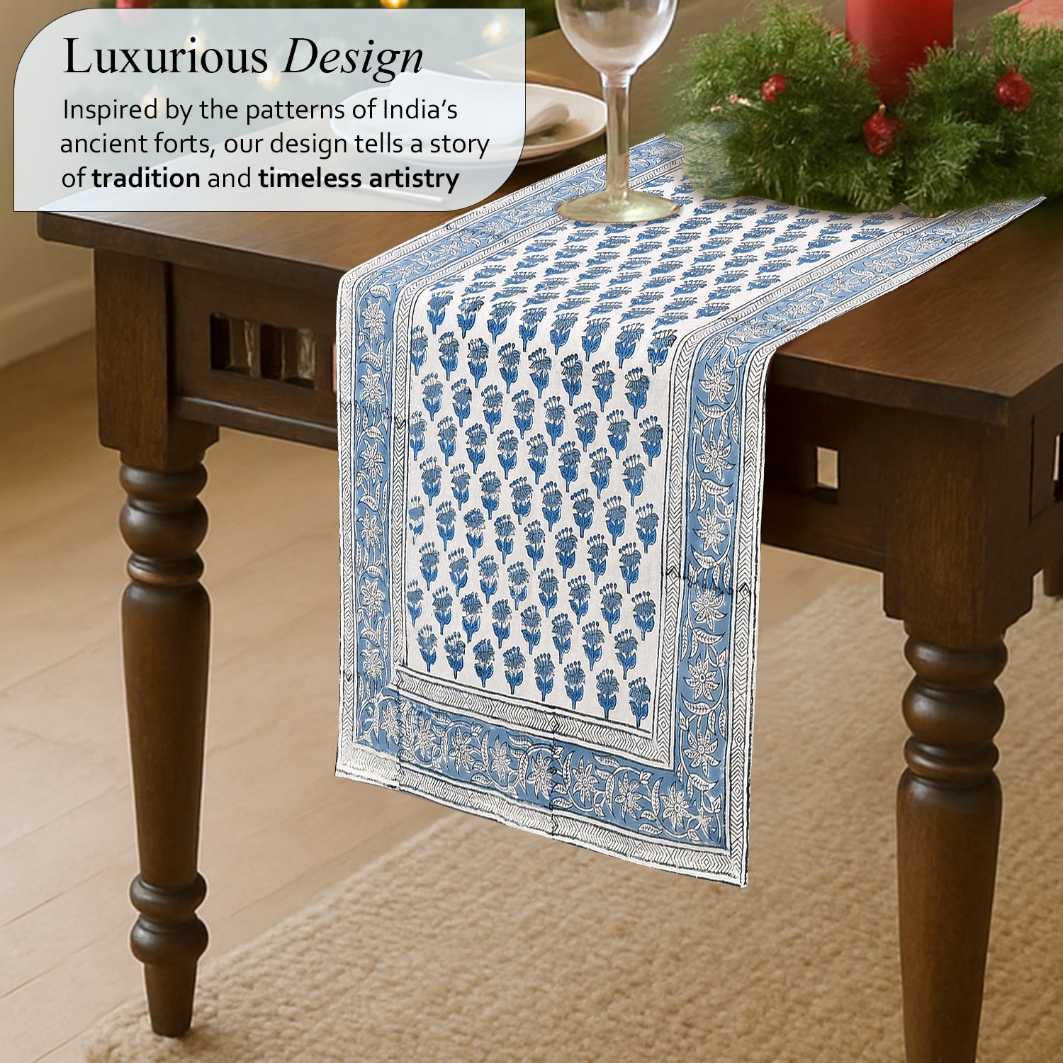Cotton Block Print Table Runner - Apatite Blue