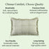 Decorative pillow with text highlighting comfort, quality, eco-friendliness, and durability.