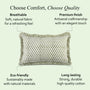 Decorative pillow with text highlighting comfort, quality, eco-friendliness, and durability.