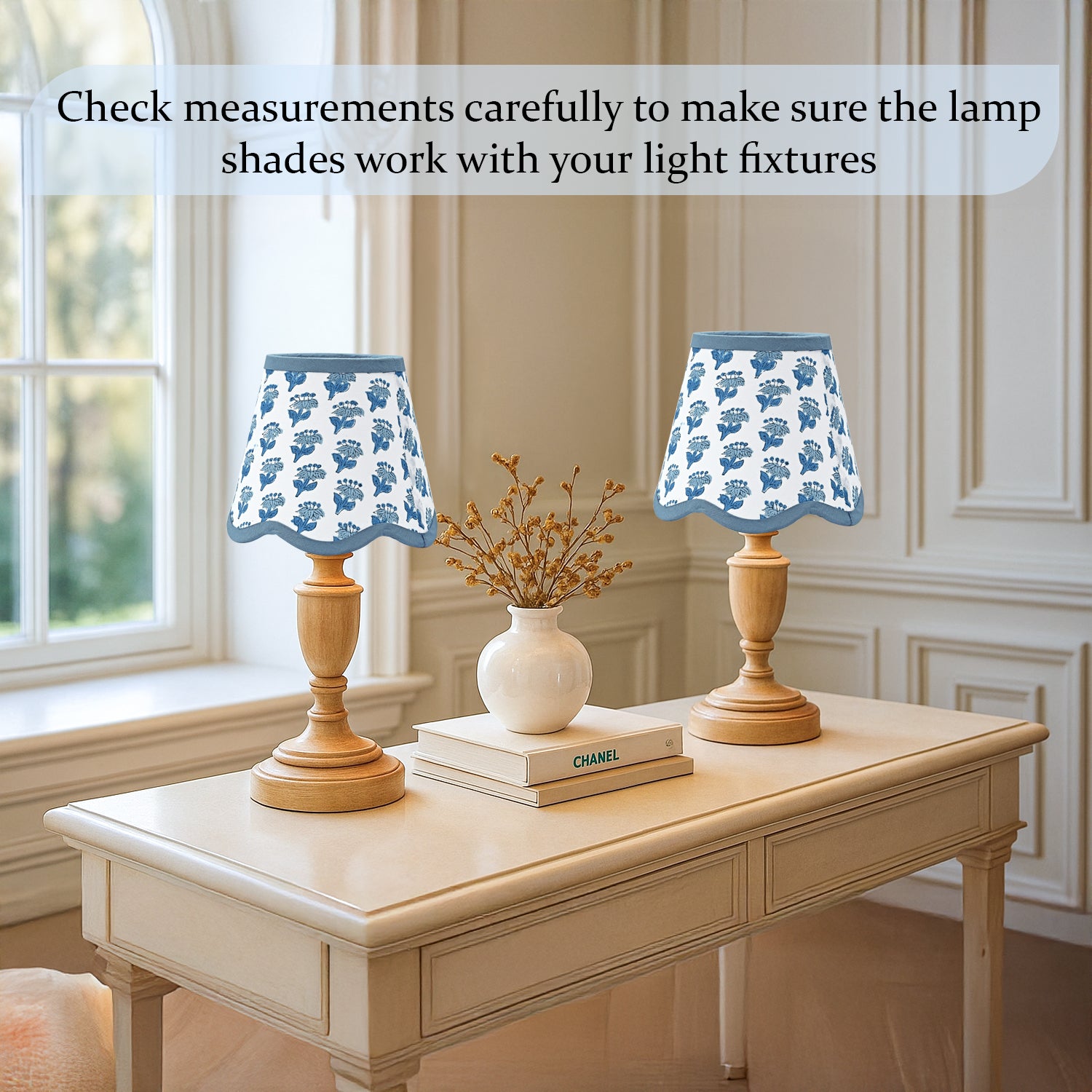 Hand Block Printed Cotton Lampshade – Scallop Floral Apatite Blue