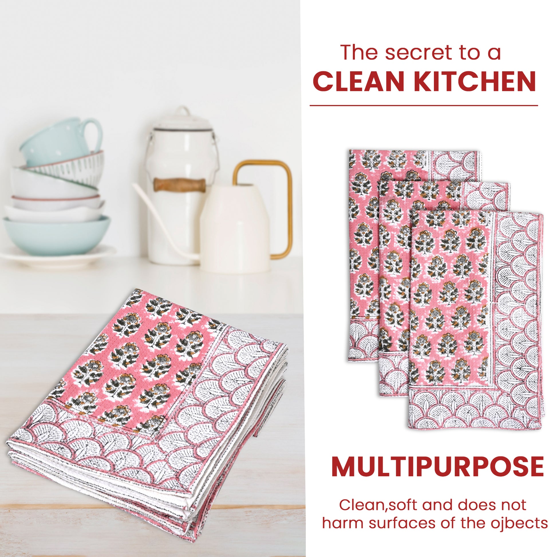 Hand Block Printed Waffle Kitchen Towels – Poppy Pink