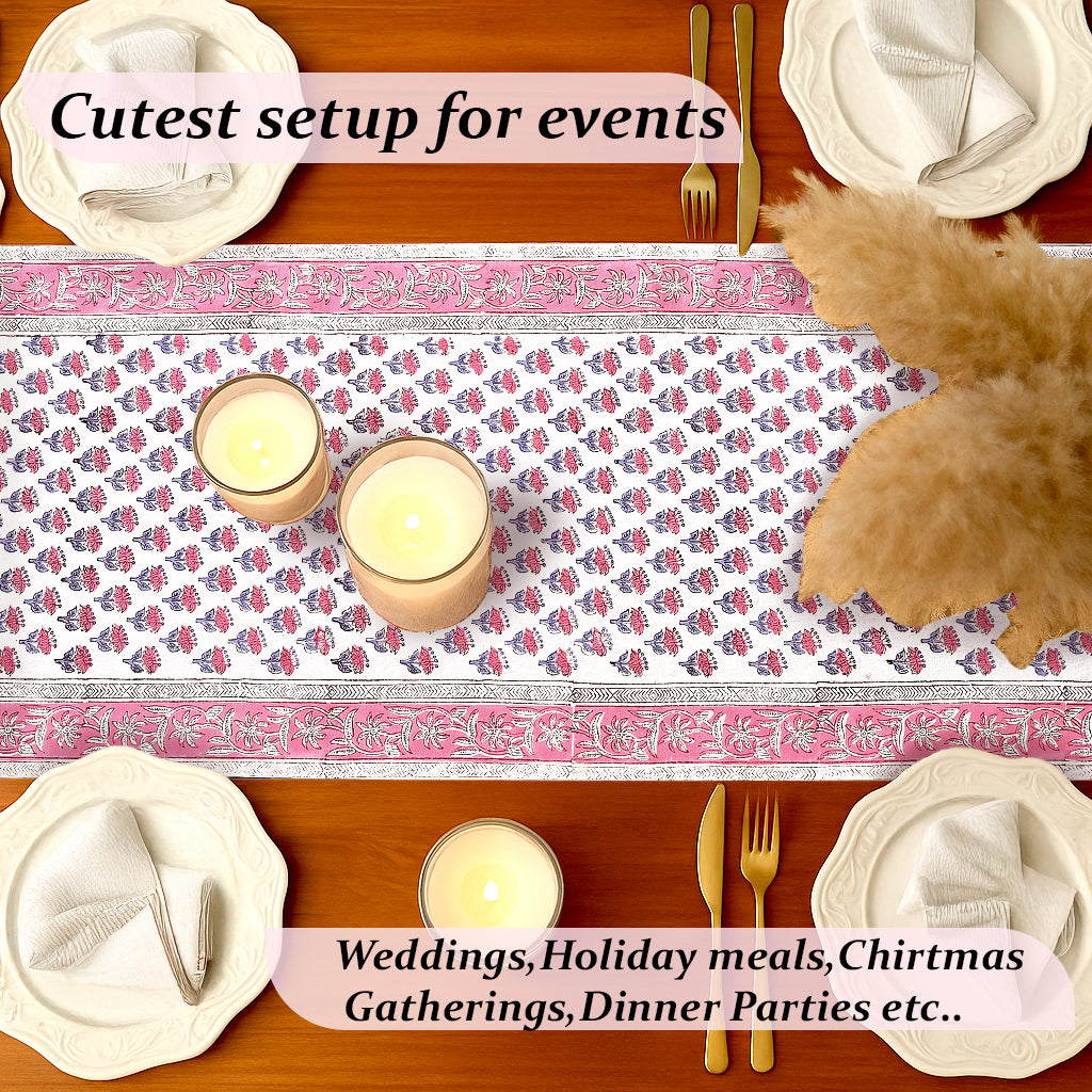 Cotton Block Print Table Runner - Pink Sapphire
