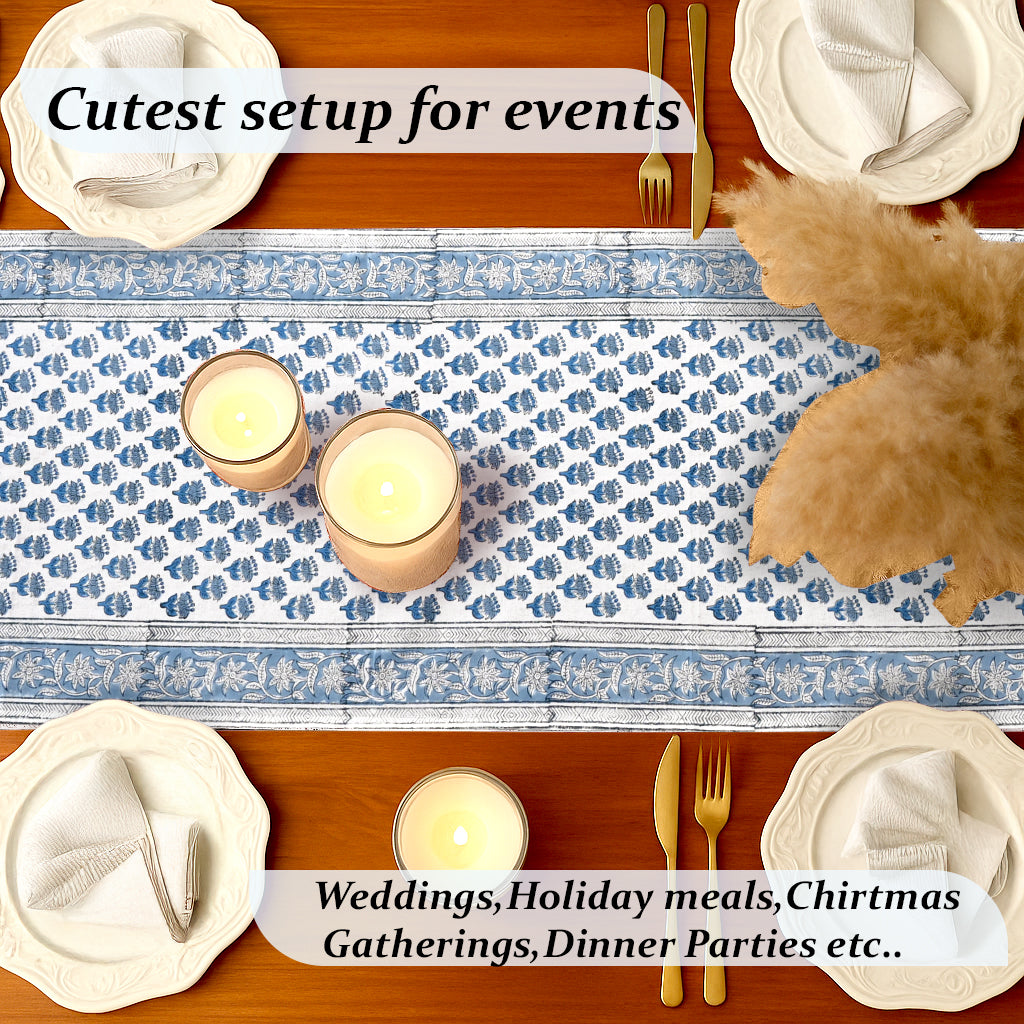 Cotton Block Print Table Runner - Apatite Blue