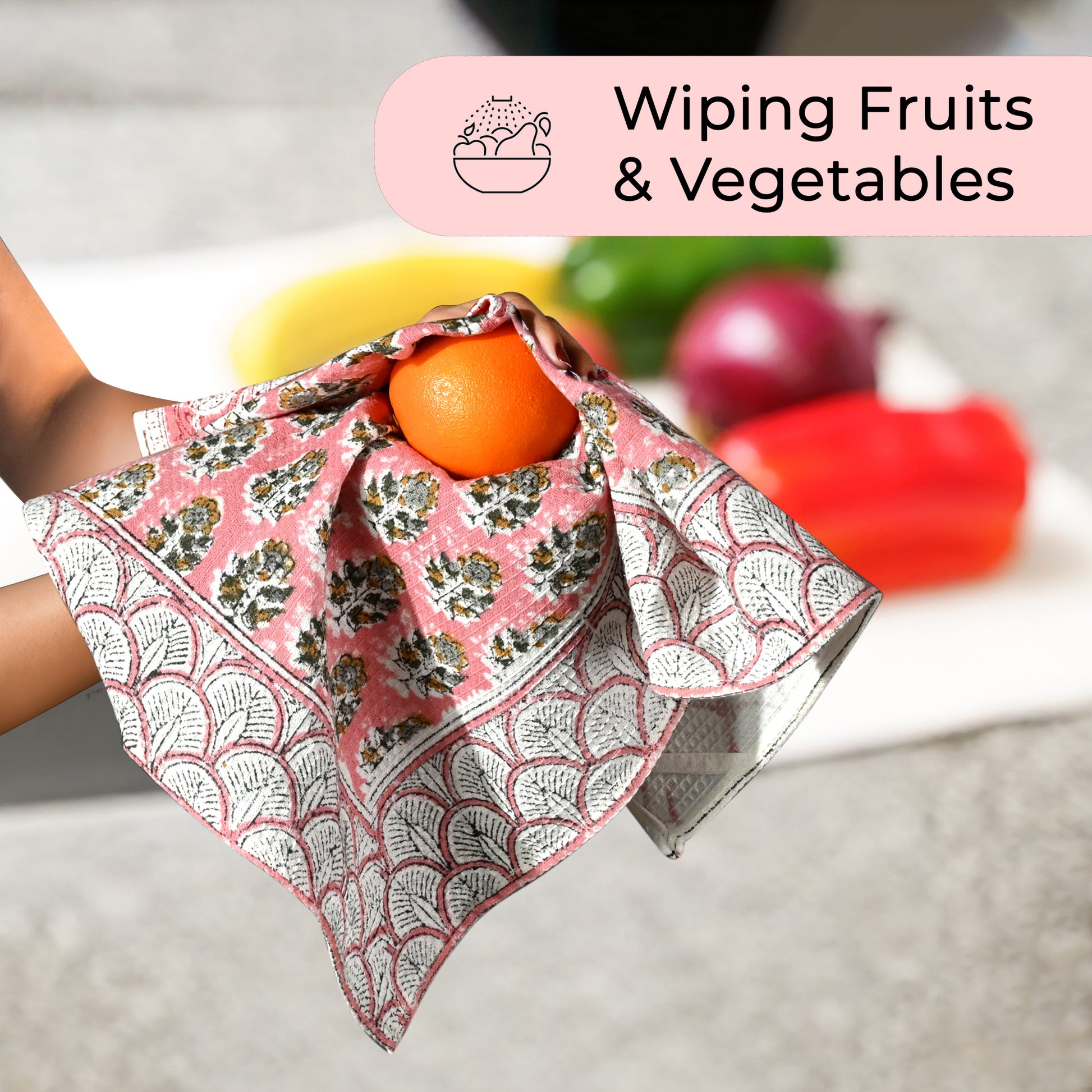 Hand Block Printed Waffle Kitchen Towels – Poppy Pink