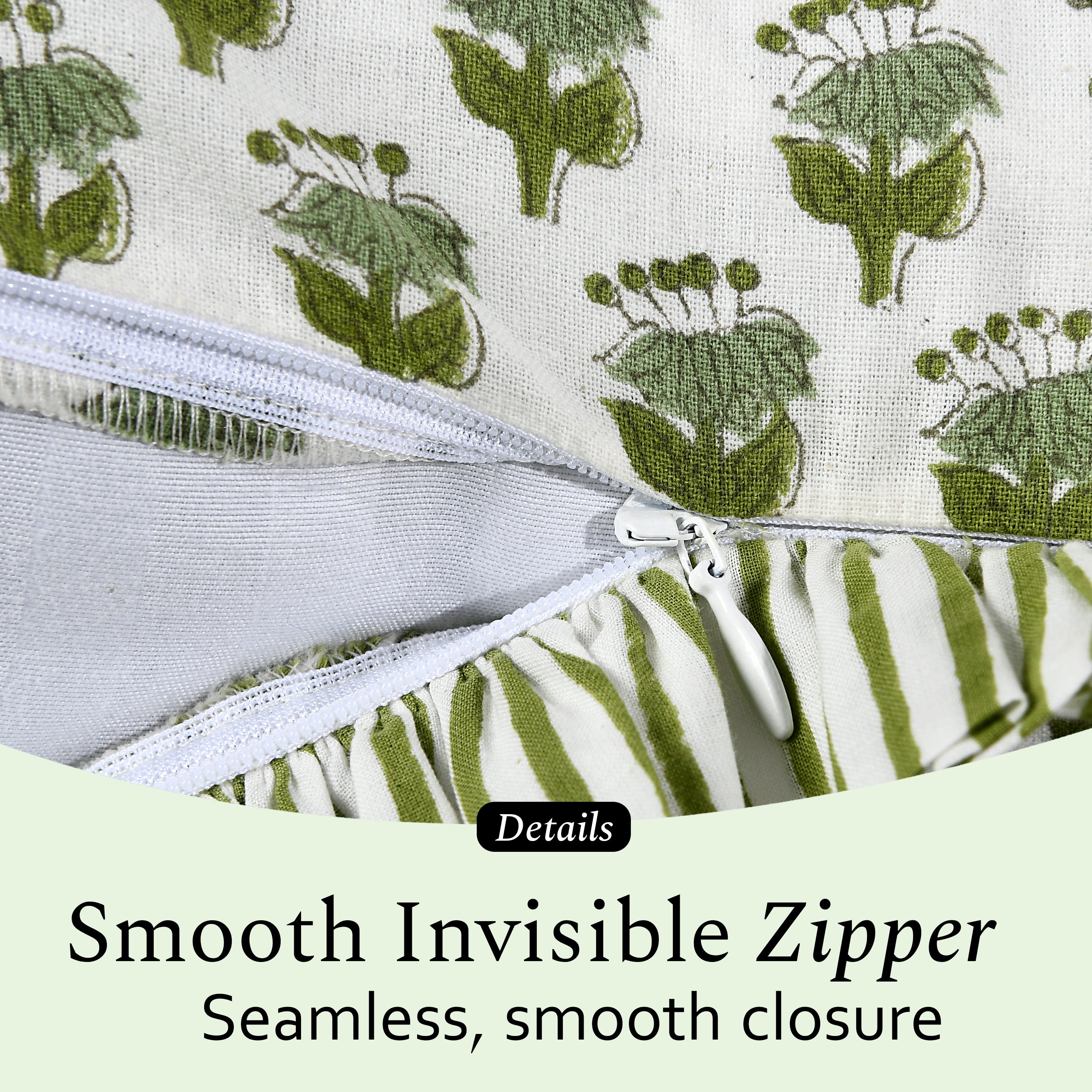 Fabric with a zipper and green floral pattern on a white background