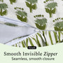 Fabric with a zipper and green floral pattern on a white background