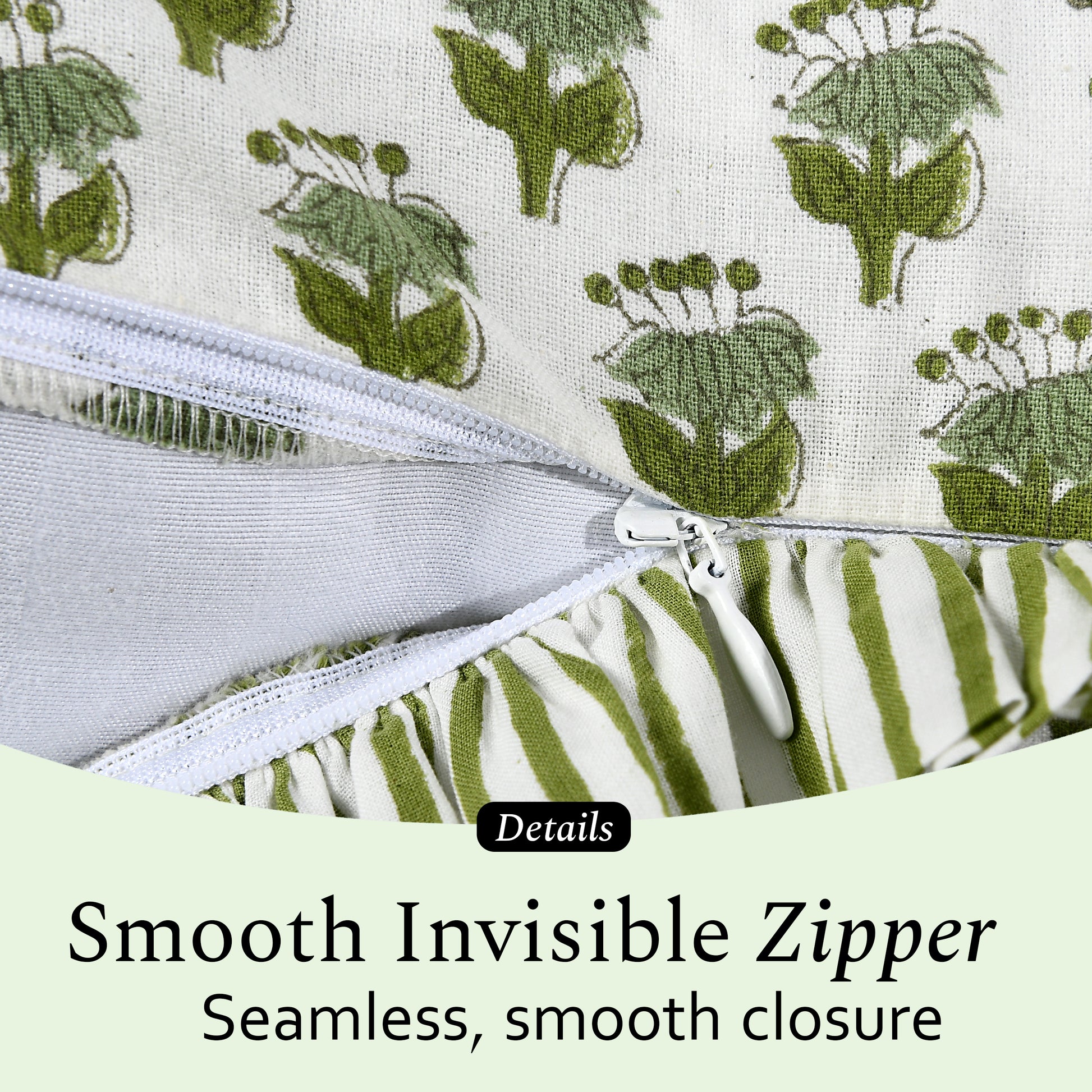 Fabric with a zipper and green floral pattern on a white background