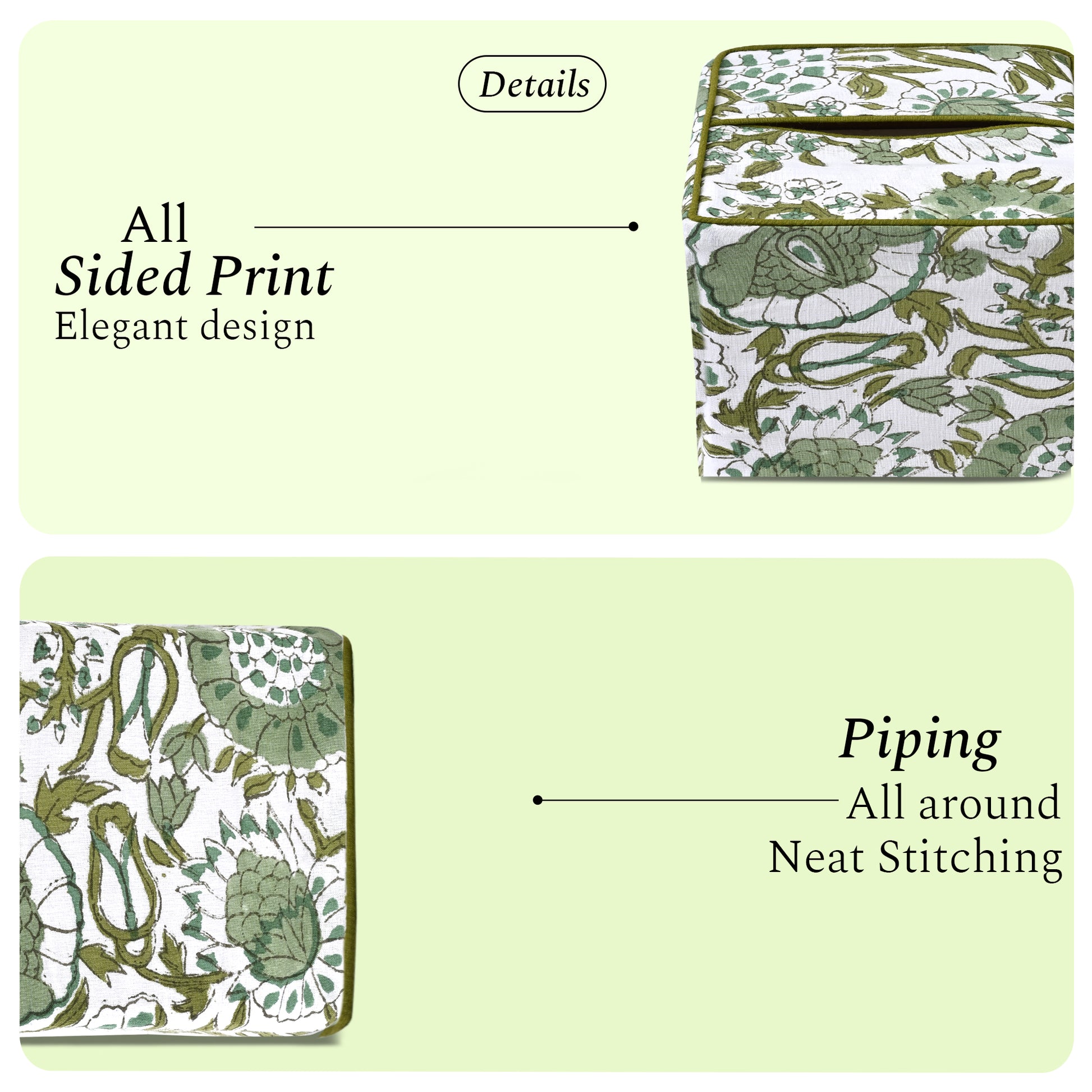 100% Cotton Hand Block Printed Tissue Box Cover - Agate Green