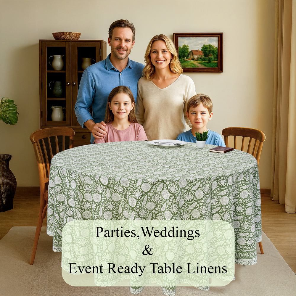 Round Block Print Tablecloth – Olive Bloom