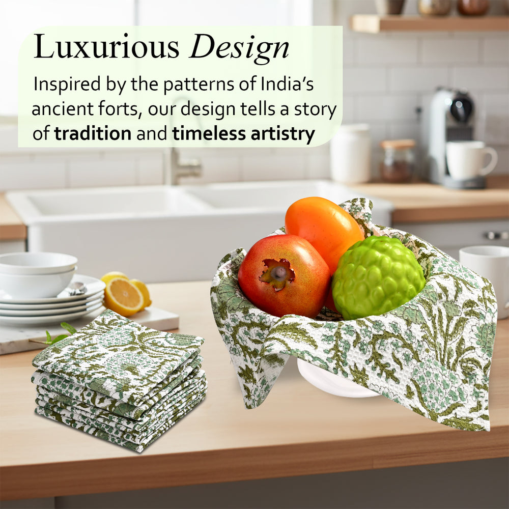 Hand Block Printed Waffle Kitchen Towels – Agate Green