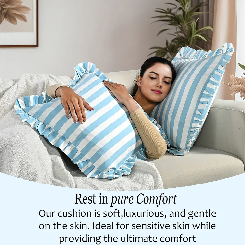 Blue Striped Ruffle Throw Pillow Covers