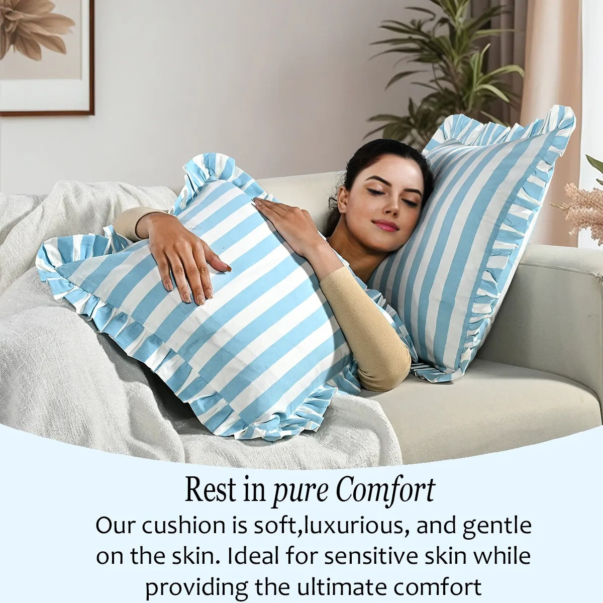 Blue Striped Ruffle Throw Pillow Covers