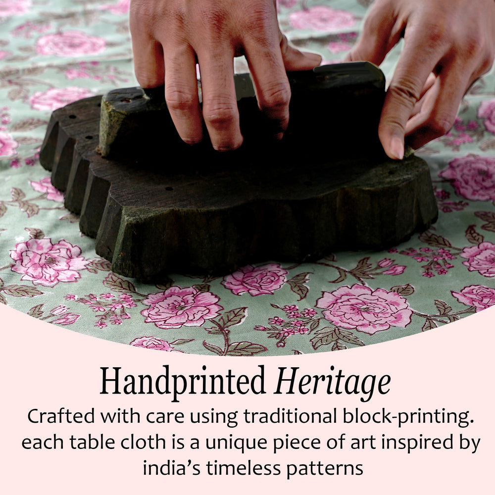 green and pink 100% cotton tablecloth on kitchen table in dining room
