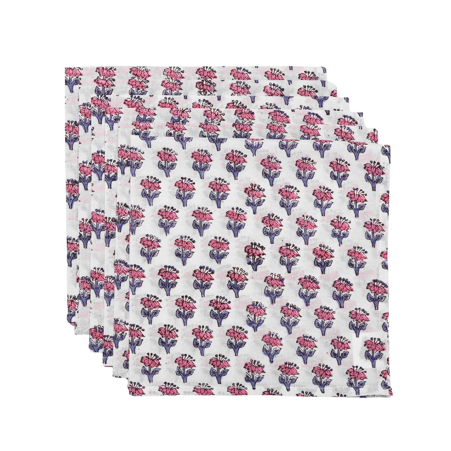 Stack of neatly flat pink and white floral napkins on a white background.