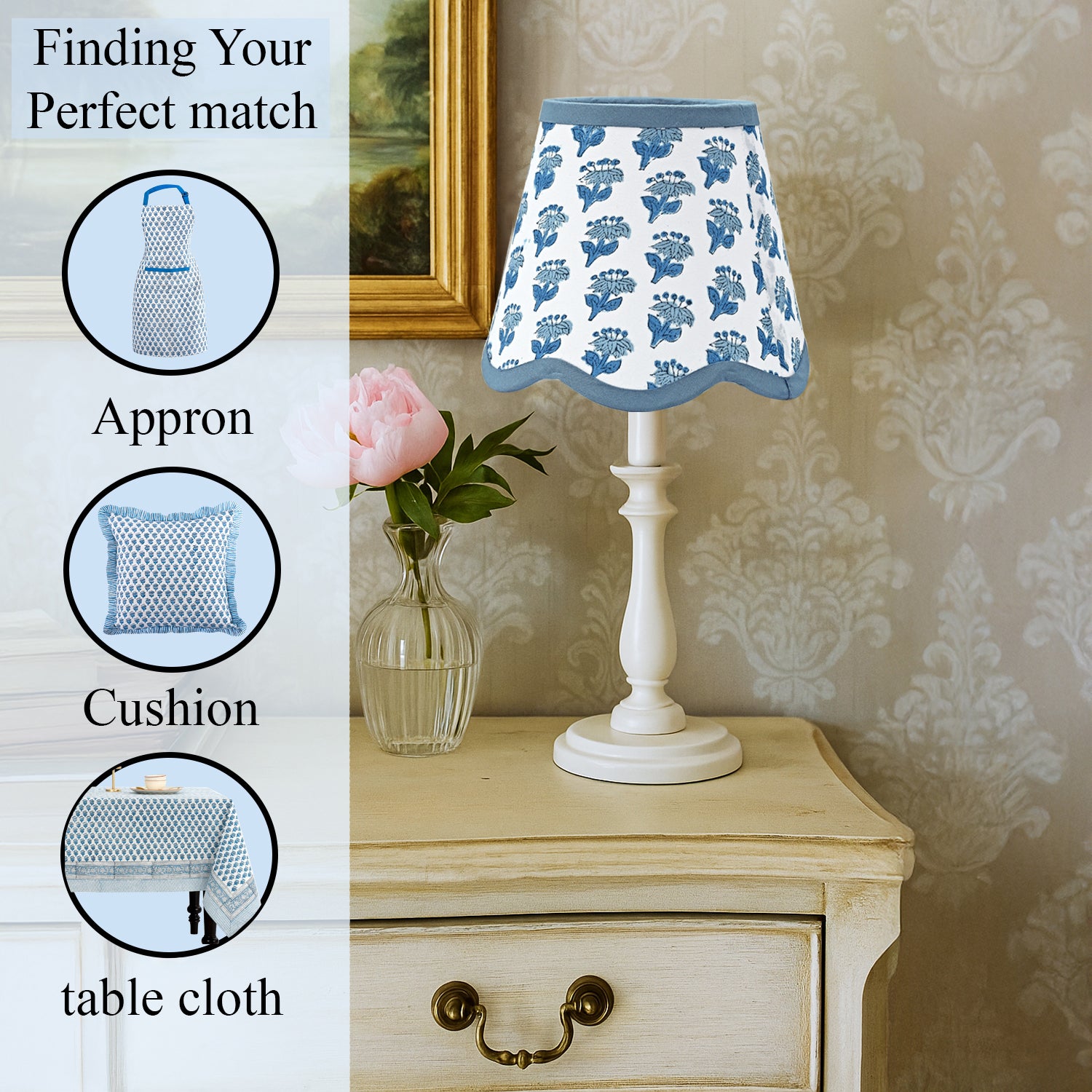 Hand Block Printed Cotton Lampshade – Scallop Floral Apatite Blue