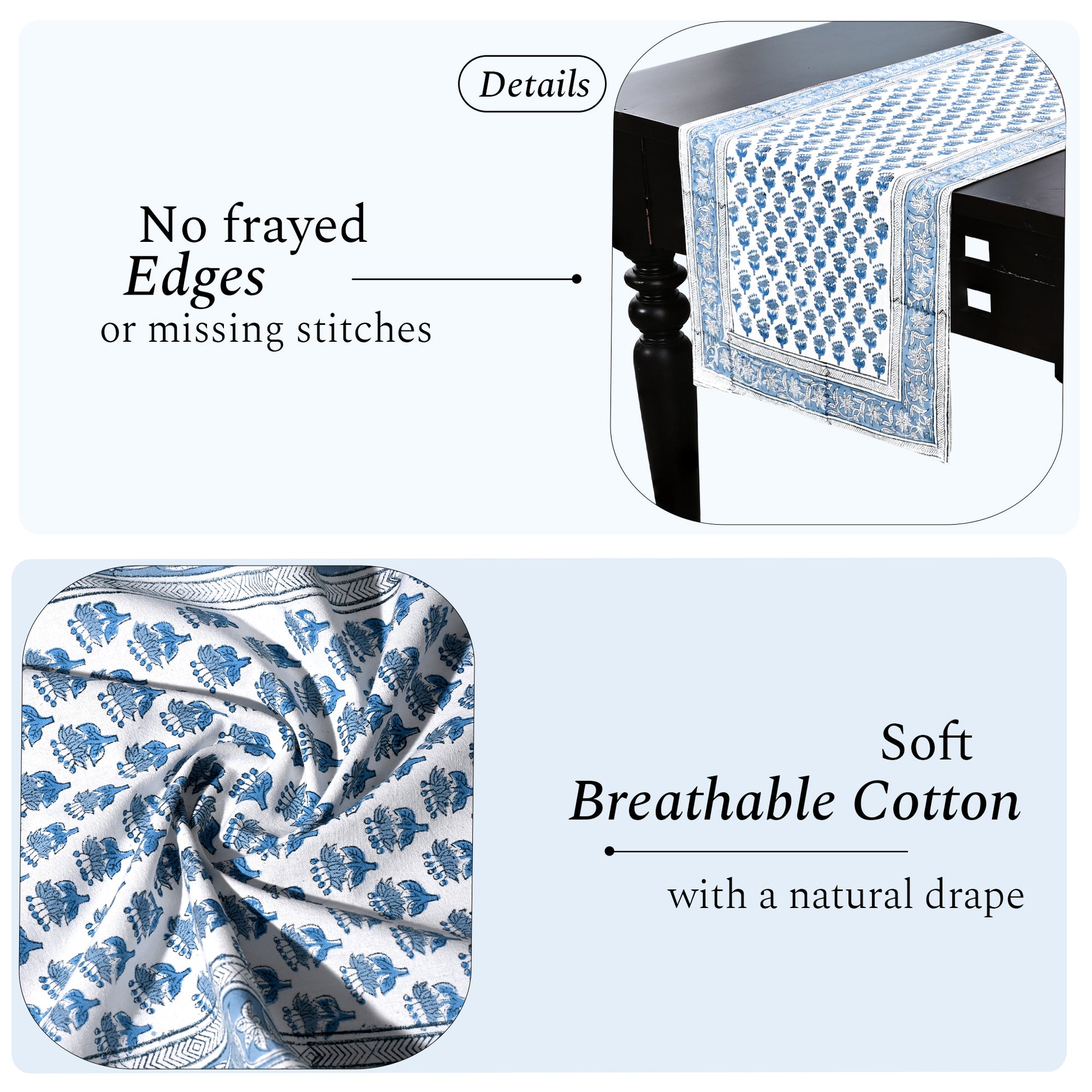 Cotton Block Print Table Runner - Apatite Blue