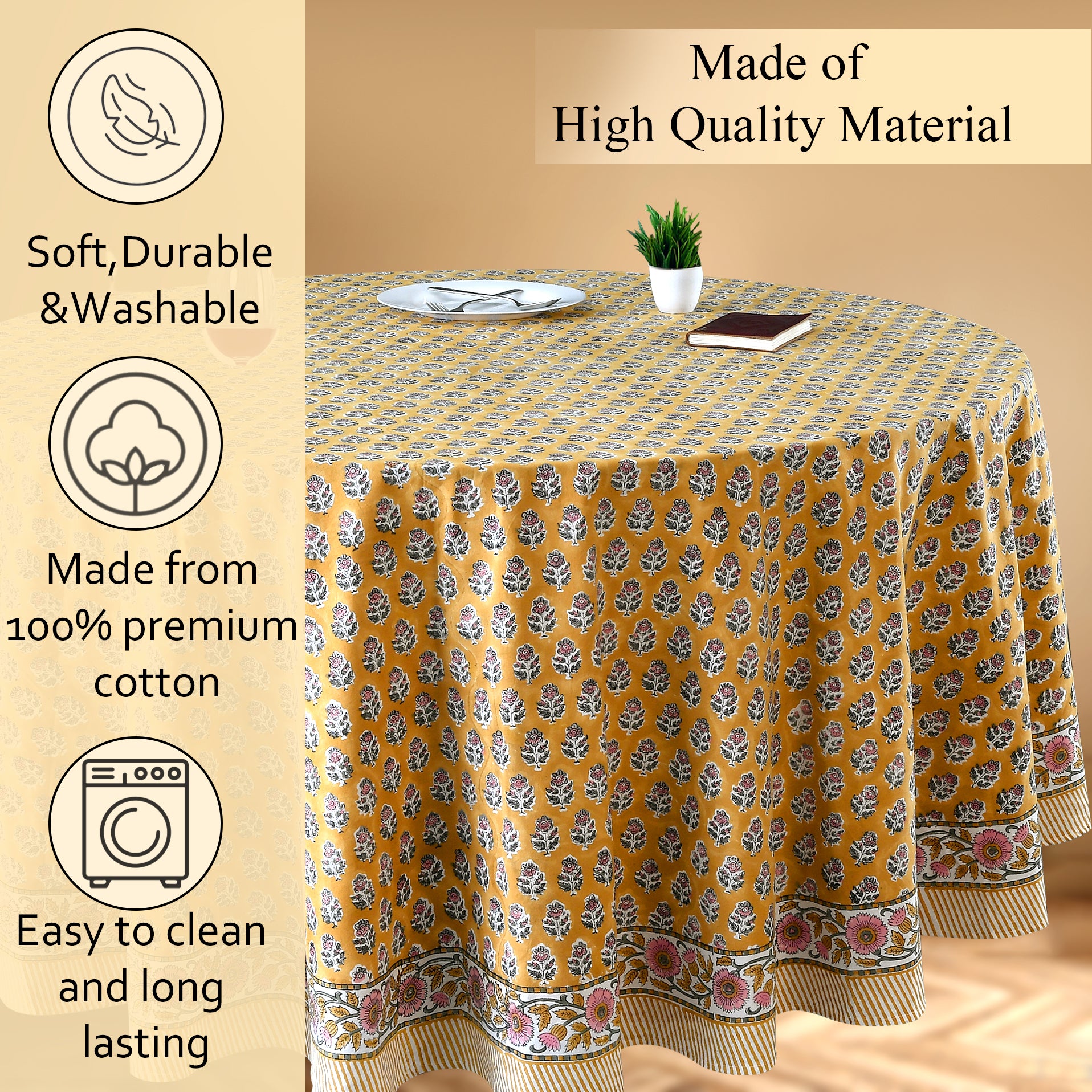 Round Block Print Tablecloth – Yellow Citrine
