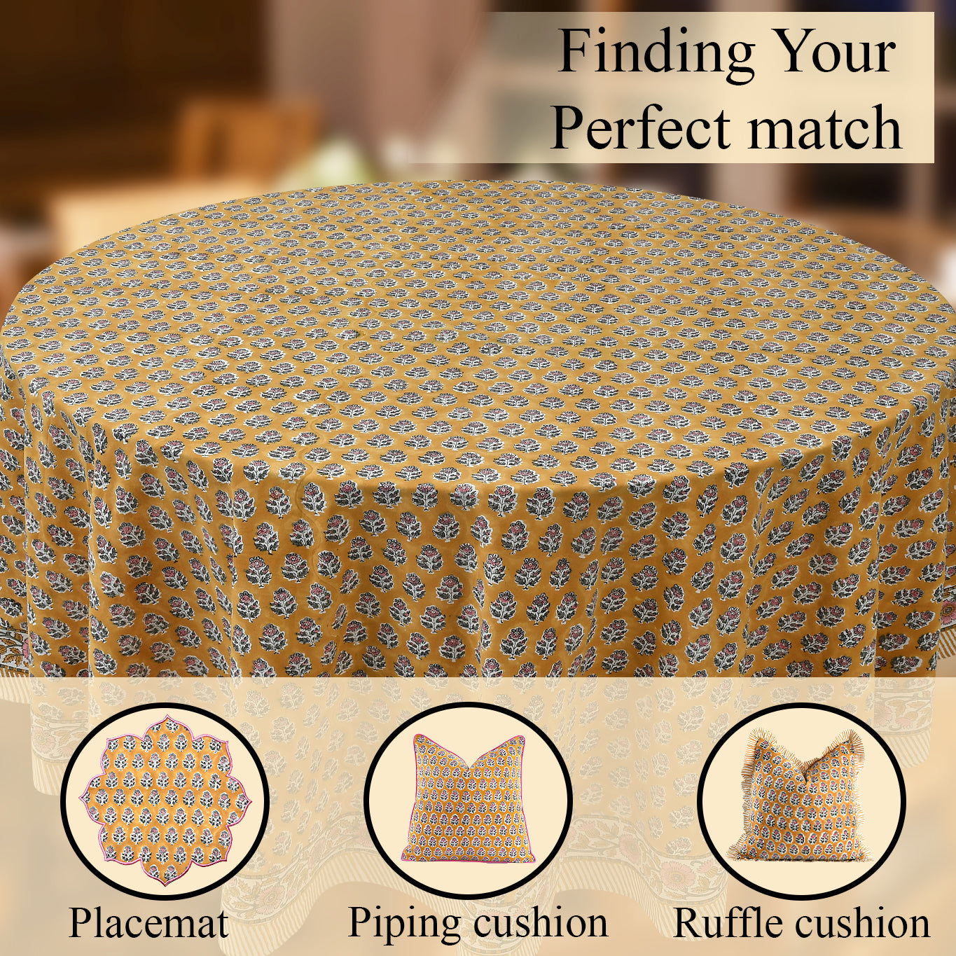 Round Block Print Tablecloth – Yellow Citrine
