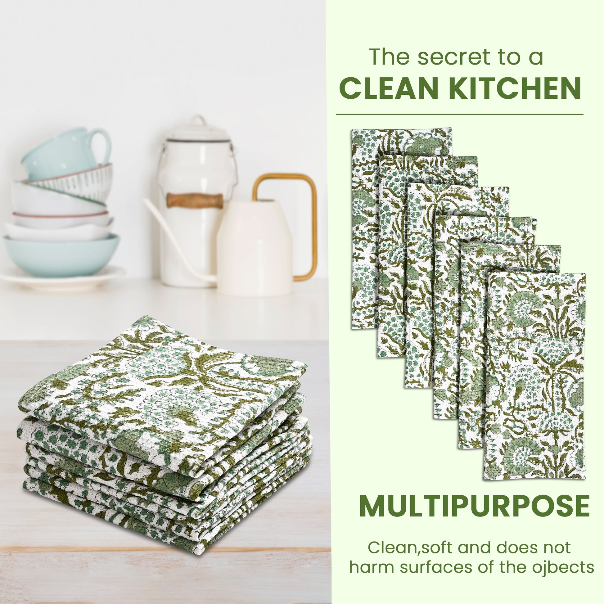 Hand Block Printed Waffle Kitchen Towels – Agate Green