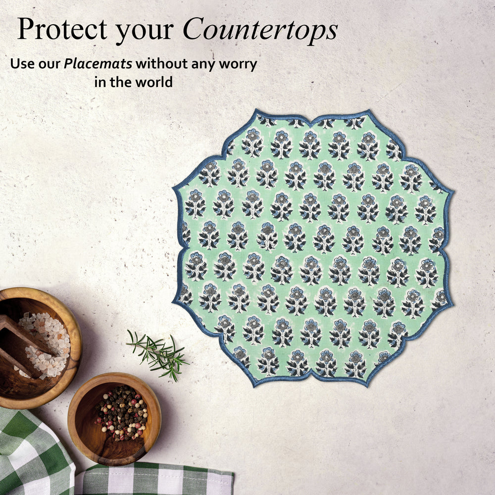 Embroidered Scalloped Cotton Placemats - Poppy Blue (Set of 4)