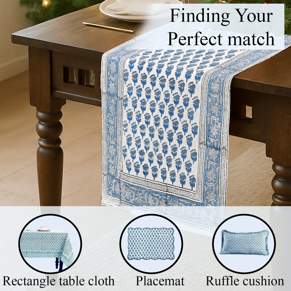 Cotton Block Print Table Runner - Apatite Blue