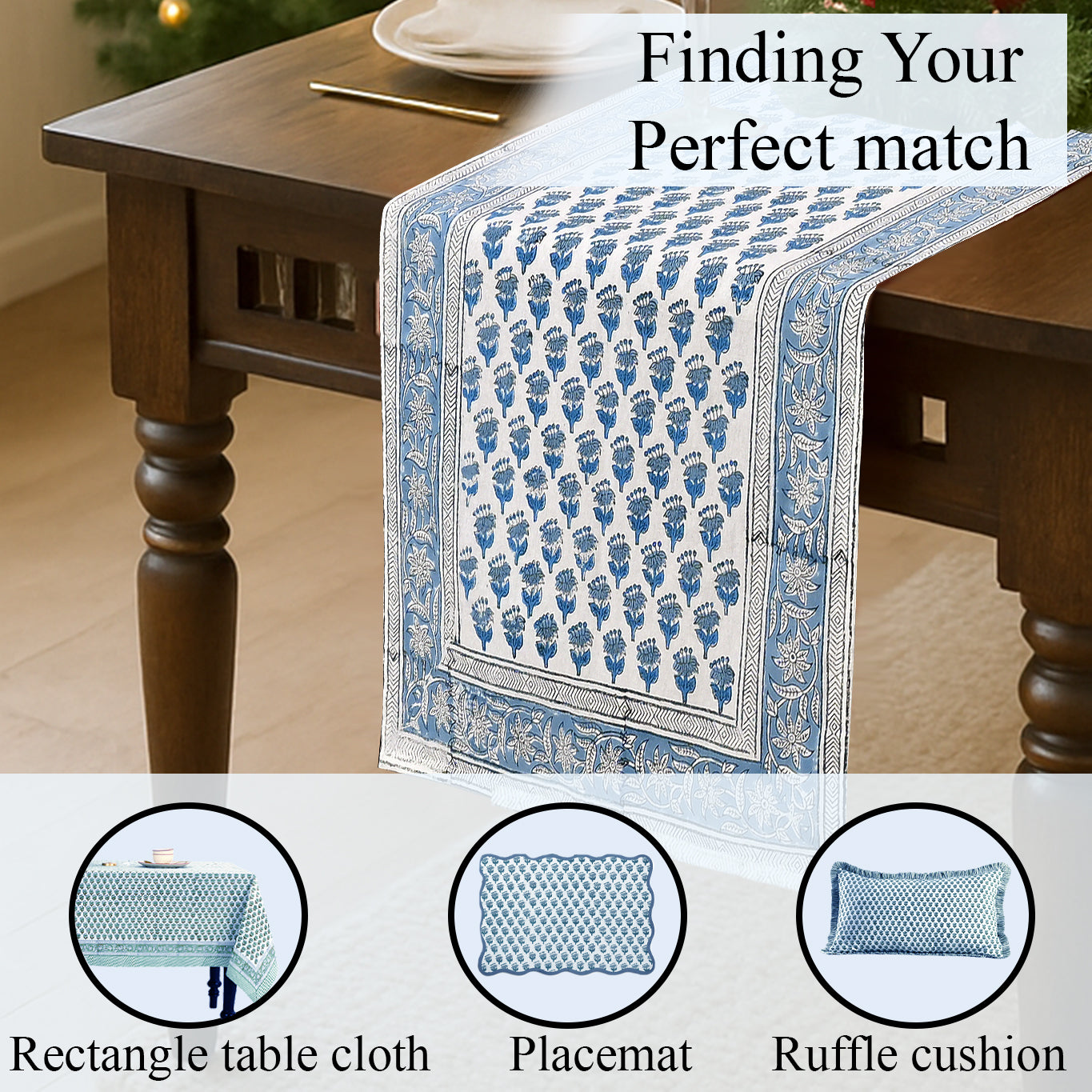 Cotton Block Print Table Runner - Apatite Blue