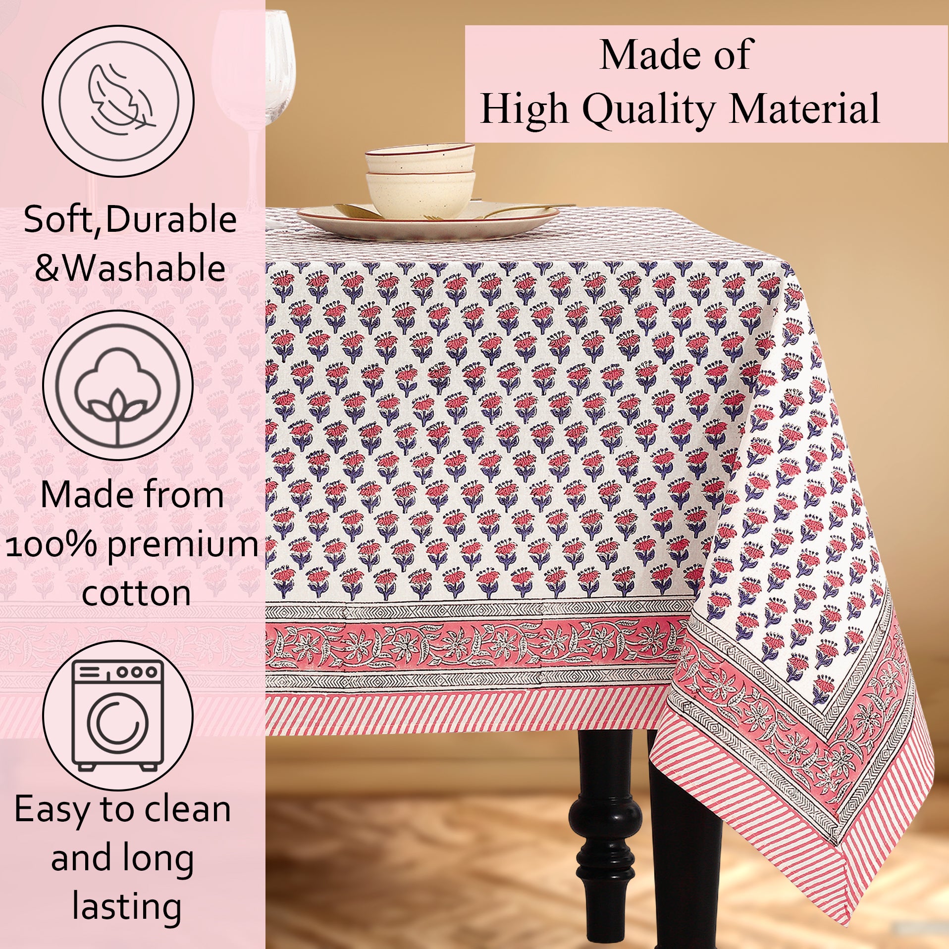 Pink Sapphire Cotton Tablecloth on Farmhouse Kitchen Table