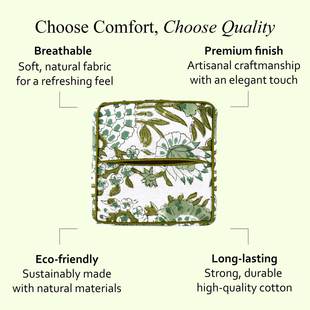 100% Cotton Hand Block Printed Tissue Box Cover - Agate Green