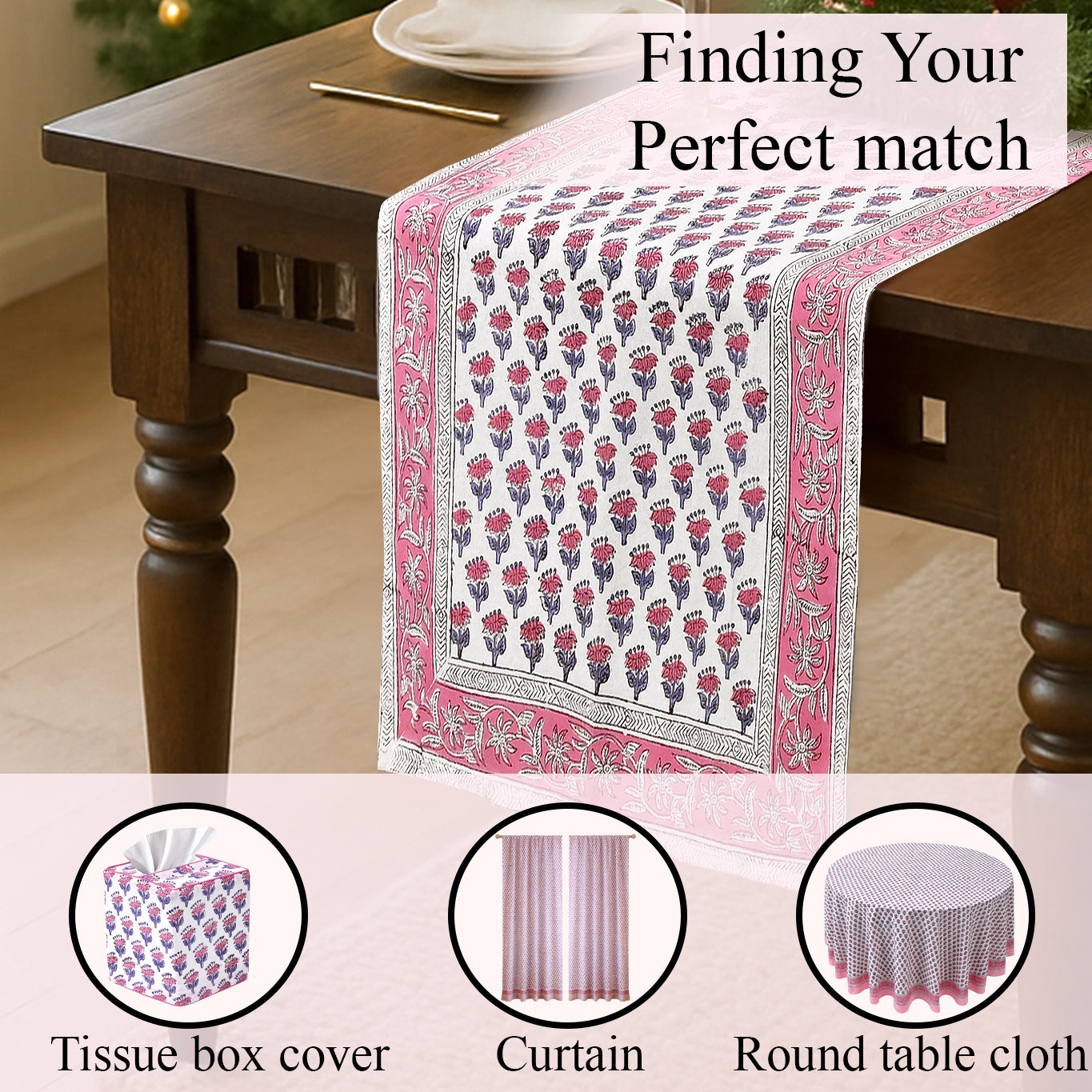 Cotton Block Print Table Runner - Pink Sapphire