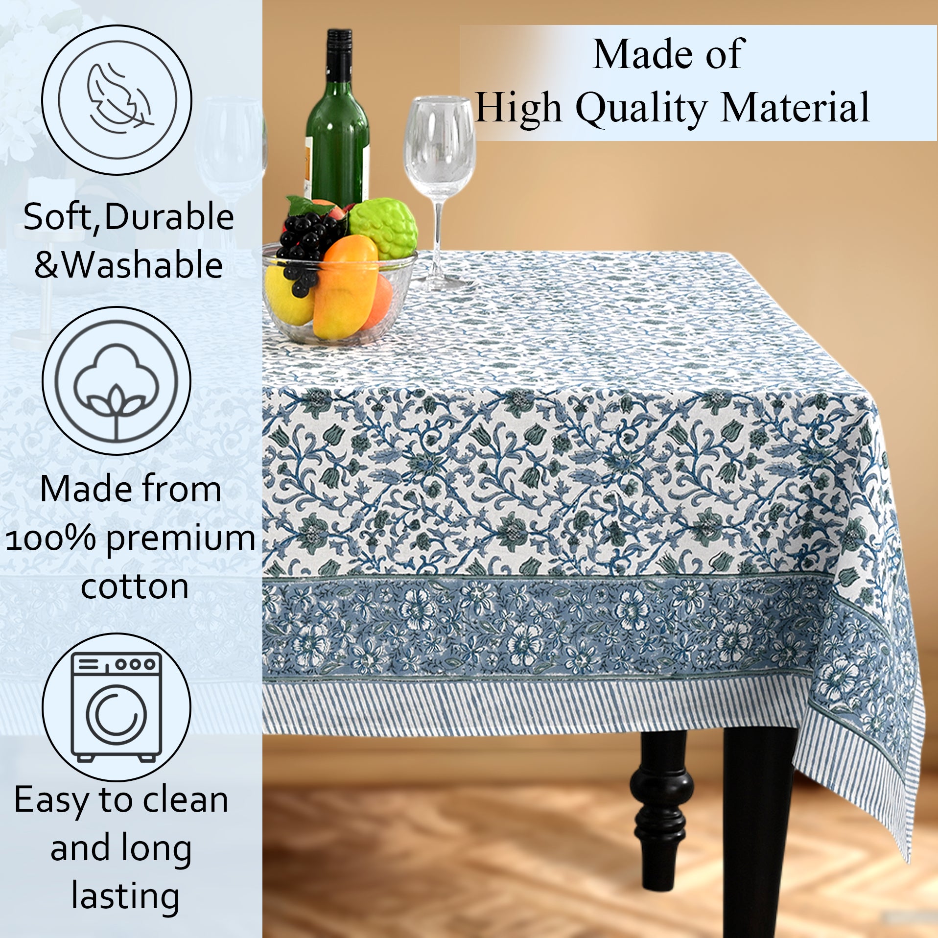 Cotton Block Print Tablecloth – Ocean Vine