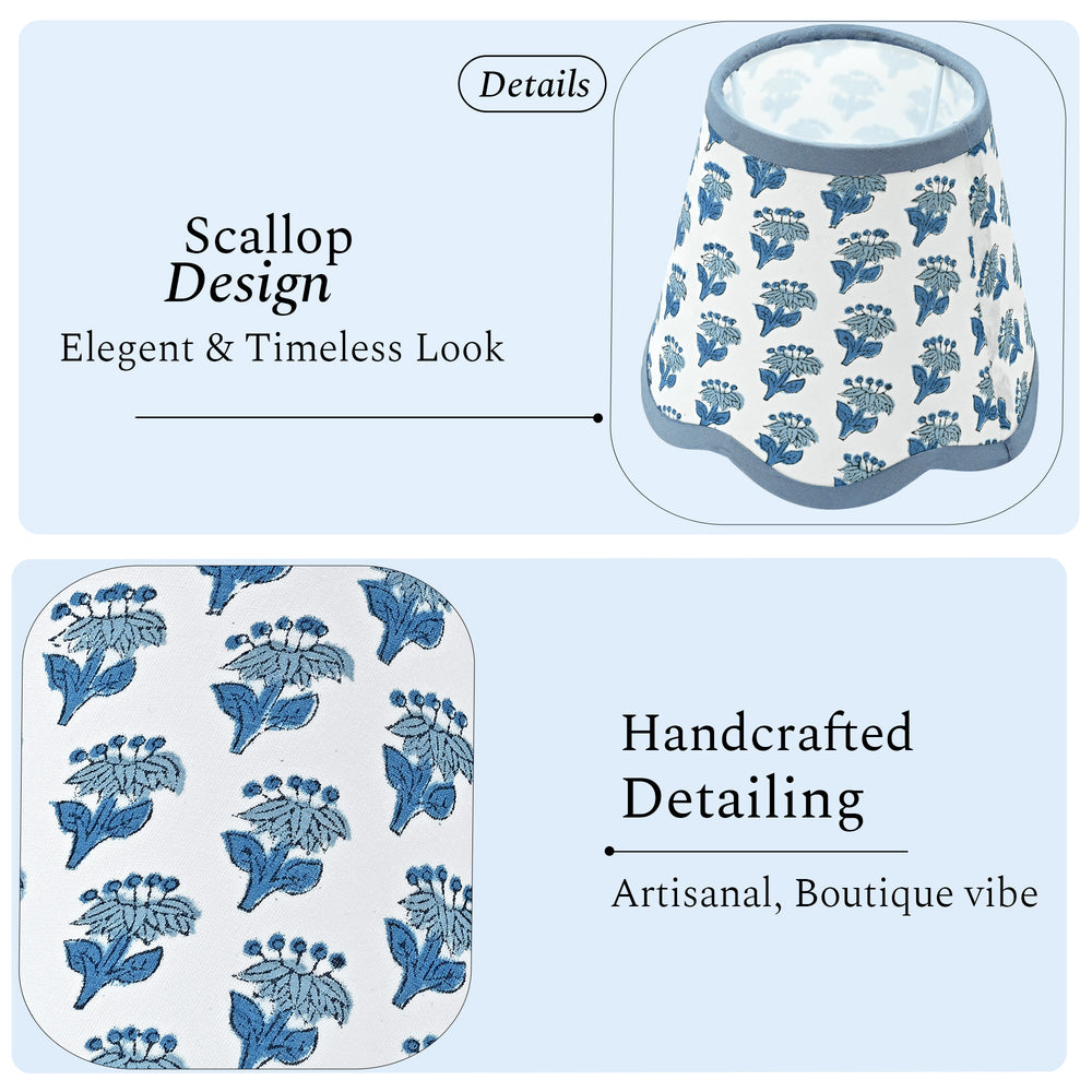 Hand Block Printed Cotton Lampshade – Scallop Floral Apatite Blue