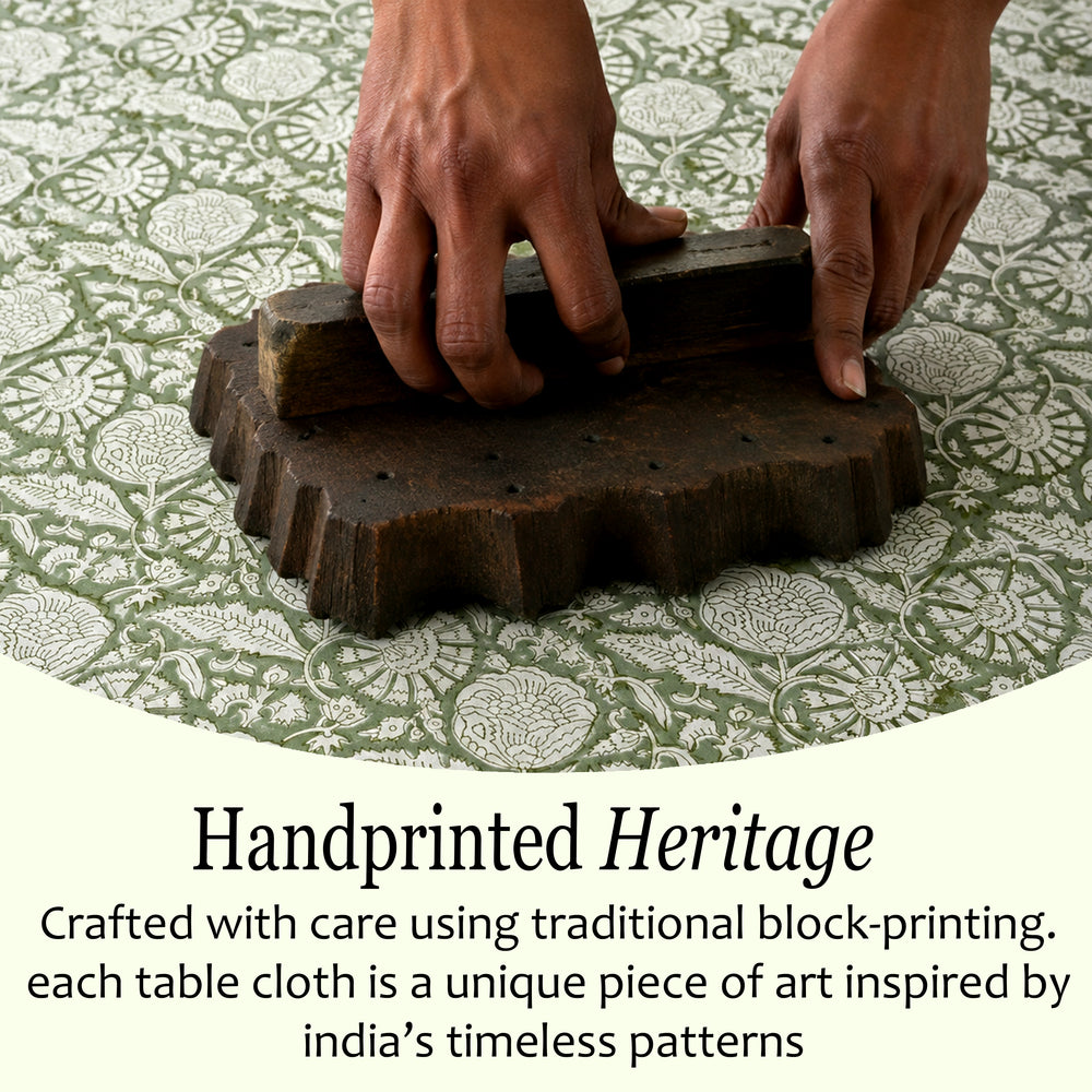 Round Block Print Tablecloth – Olive Bloom