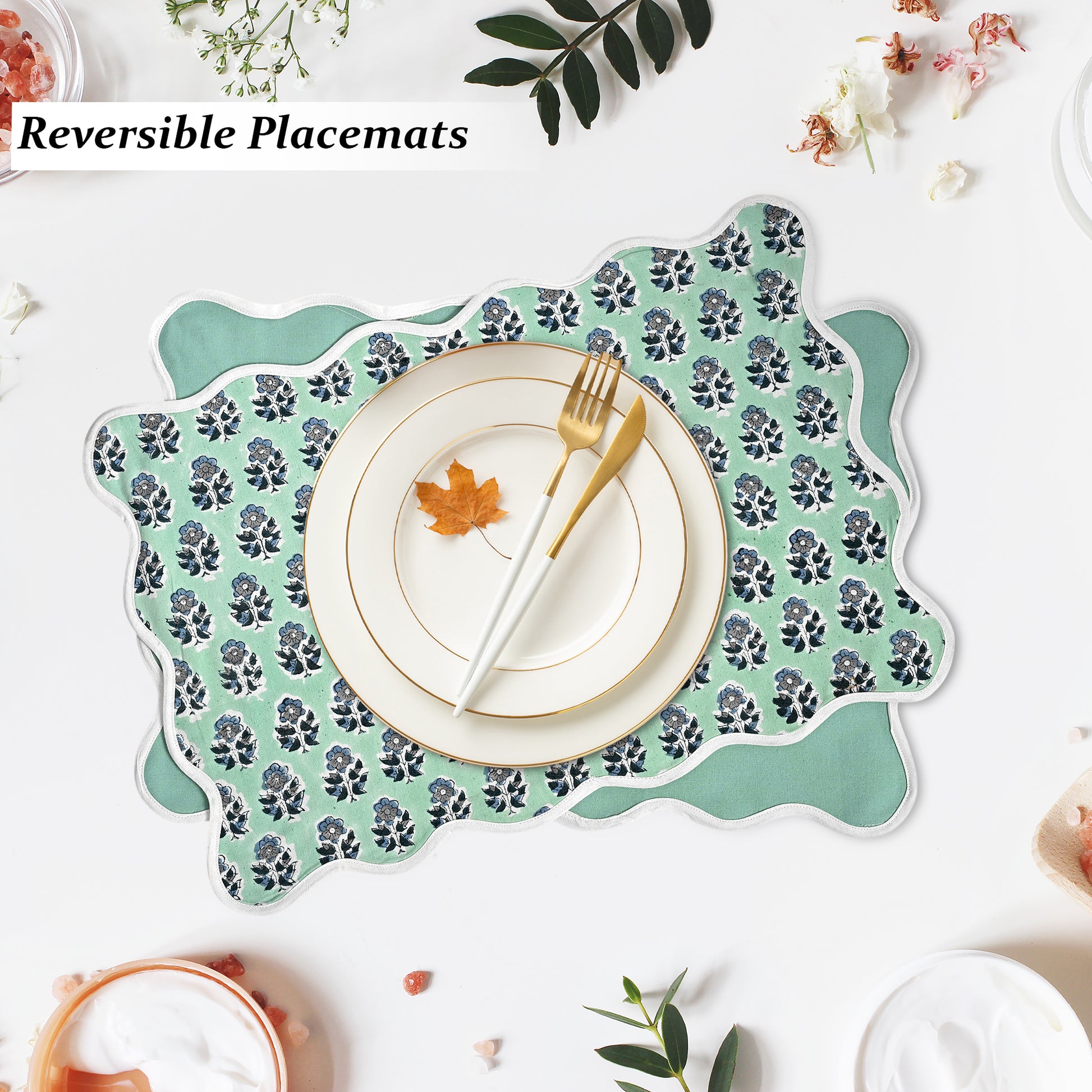 Rectangle 100% Cotton Reversible Placemat Set – Poppy Blue